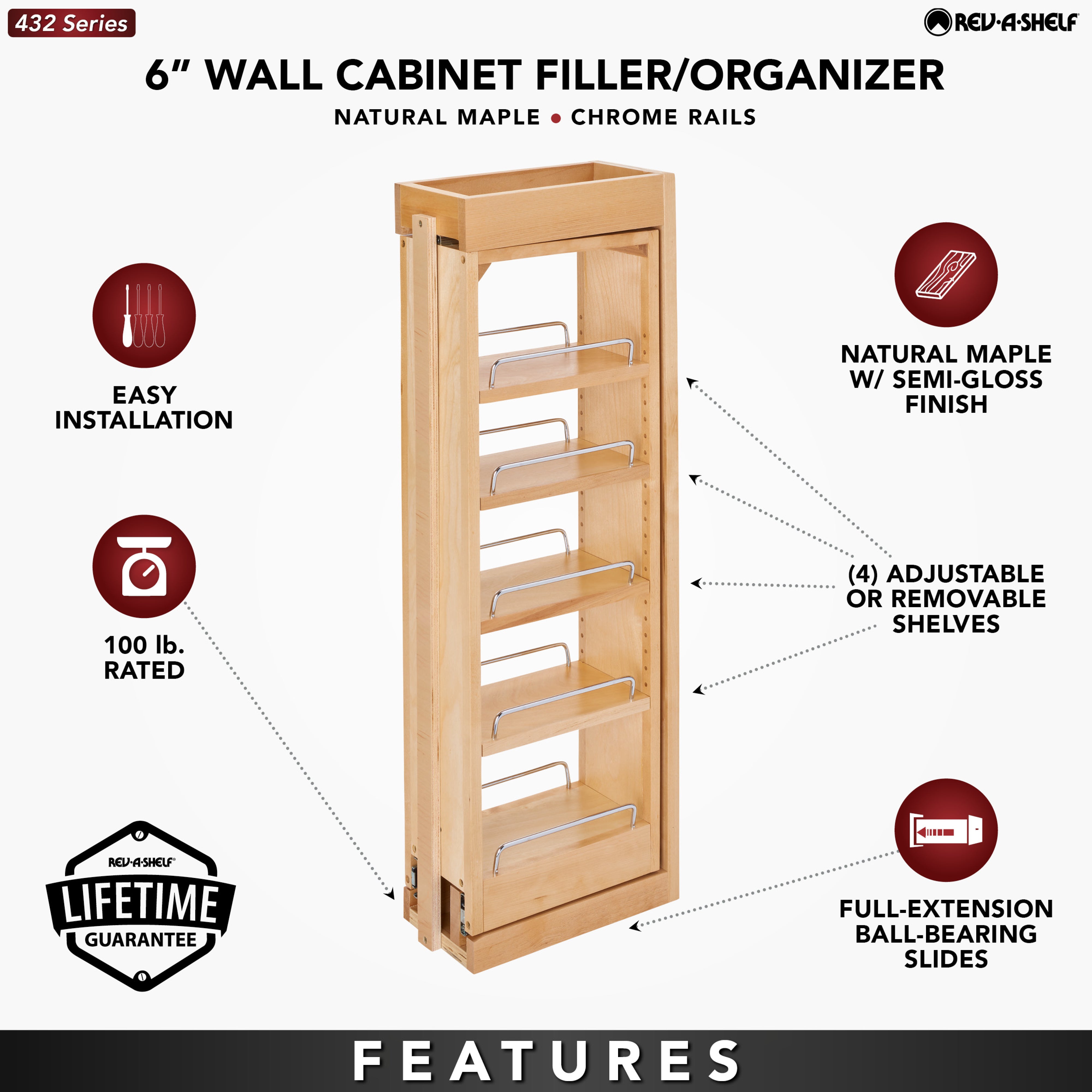 Rev-A-Shelf Pullout Wall Filler Cabinet Wooden Organizer, 33" Hgt, 432-WF33-6C - VMInnovations