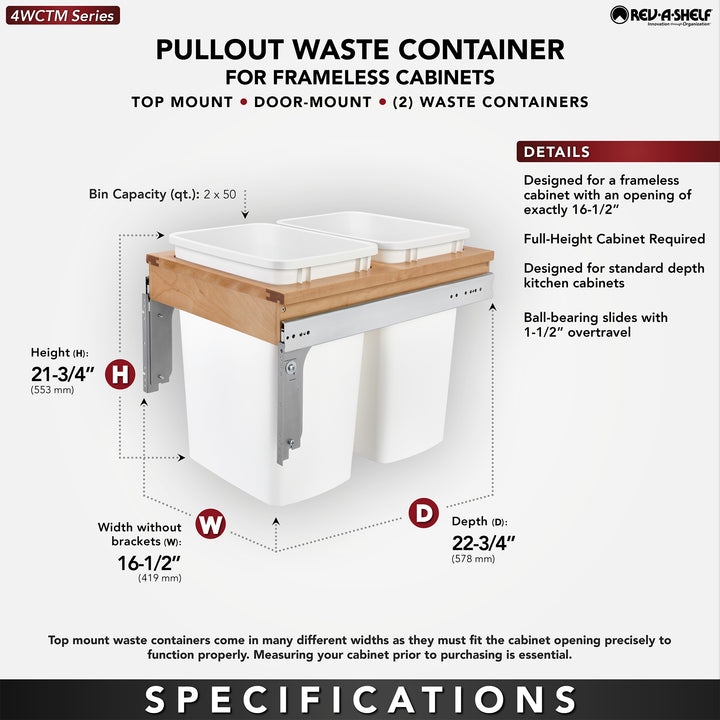 Rev-A-Shelf Pullout Trash Cans, Full-Height Cabinet, 50 qt.,4WCTM-1850DM2-419-FL - VMInnovations