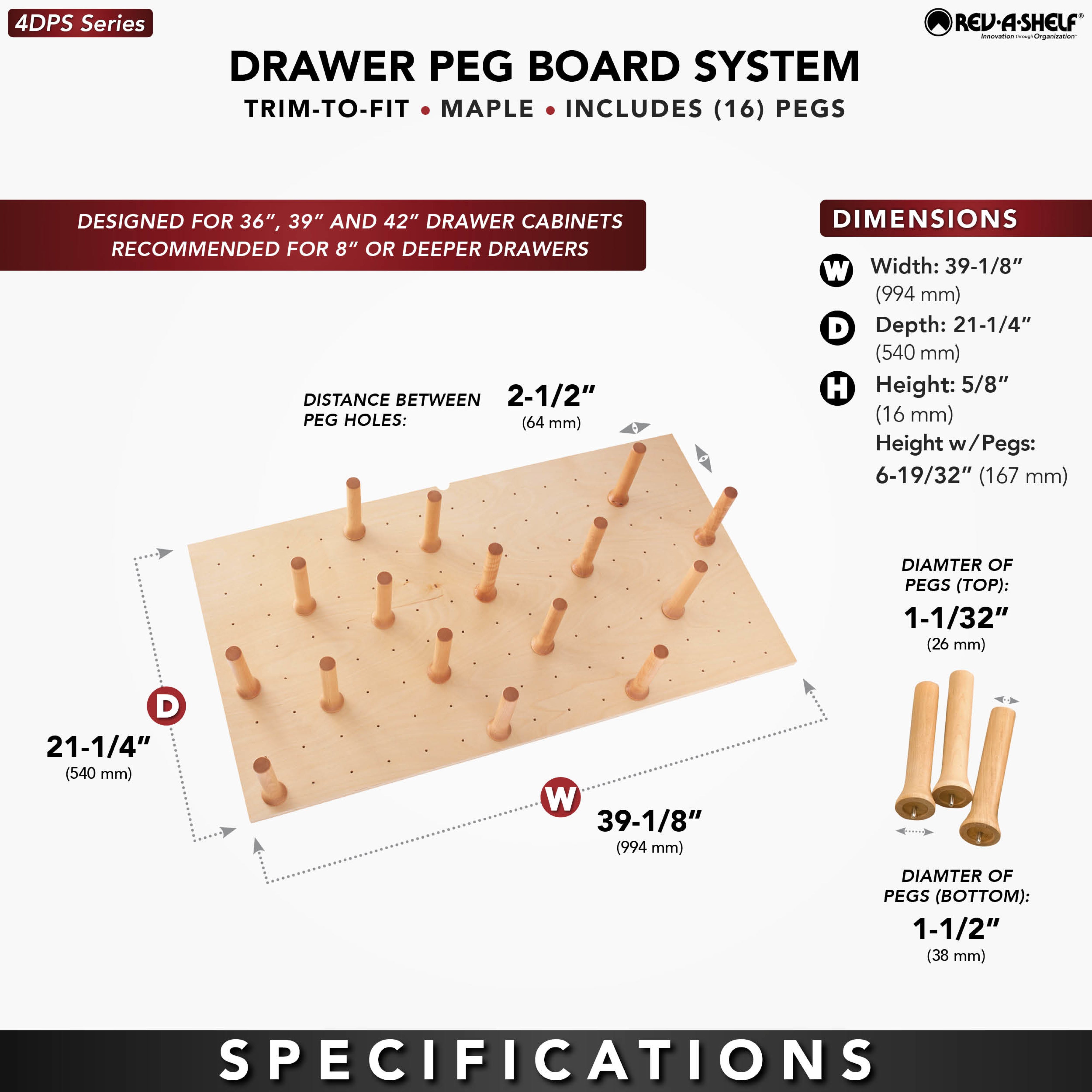 Rev-A-Shelf 39x21" Trimmable Pegboard Drawer Organizer with 16 Pegs, 4DPS-3921 - VMInnovations