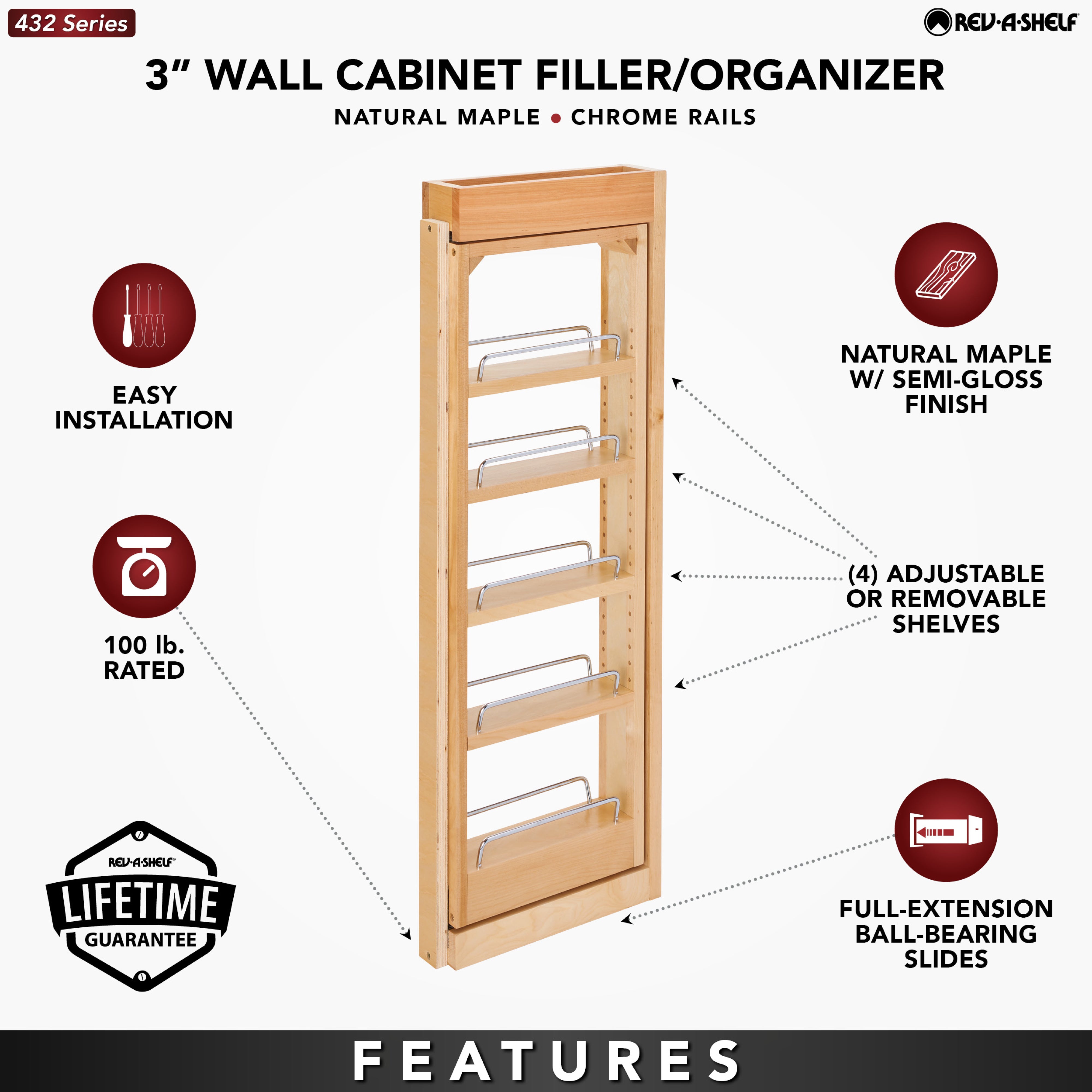 Rev-A-Shelf Pullout Wall Filler Cabinet Wooden Organizer, 33" Hgt, 432-WF33-3C - VMInnovations