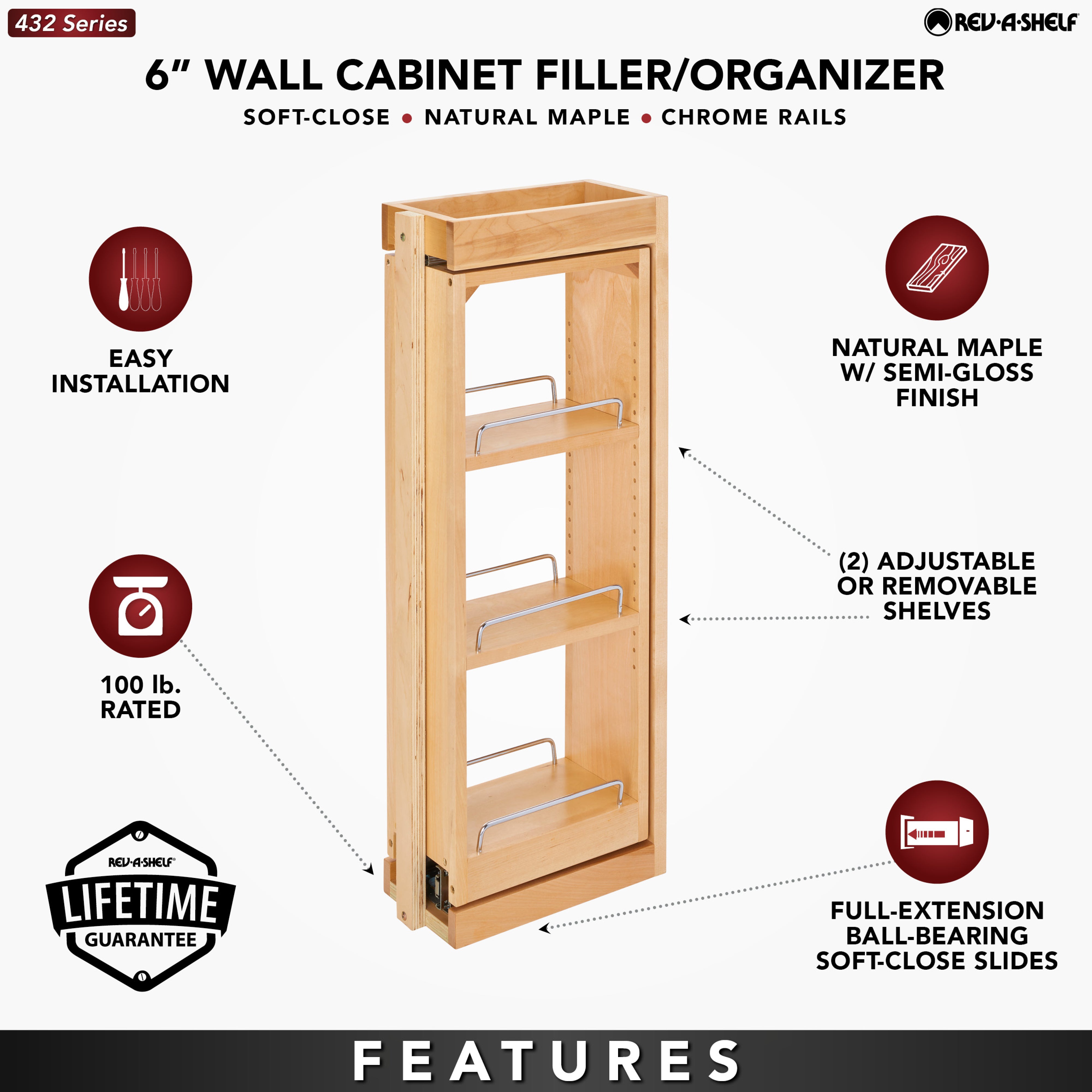 Rev-A-Shelf 6" Pullout Wall Filler with Soft-Close, 30" Height, 432-WFBBSC30-6C - VMInnovations