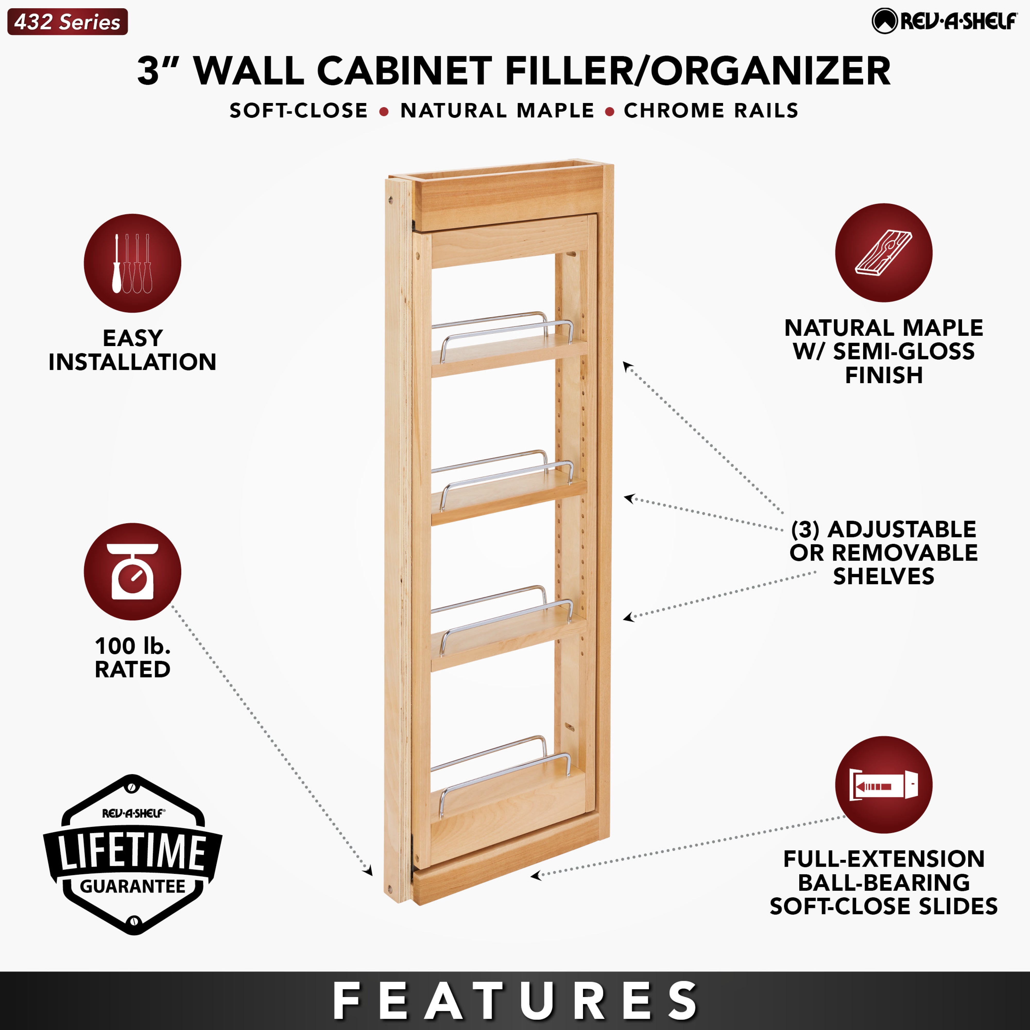 Rev-A-Shelf 3" Pullout Wall Filler w/ Soft-close, 33" Height, 432-WFBBSC33-3C - VMInnovations