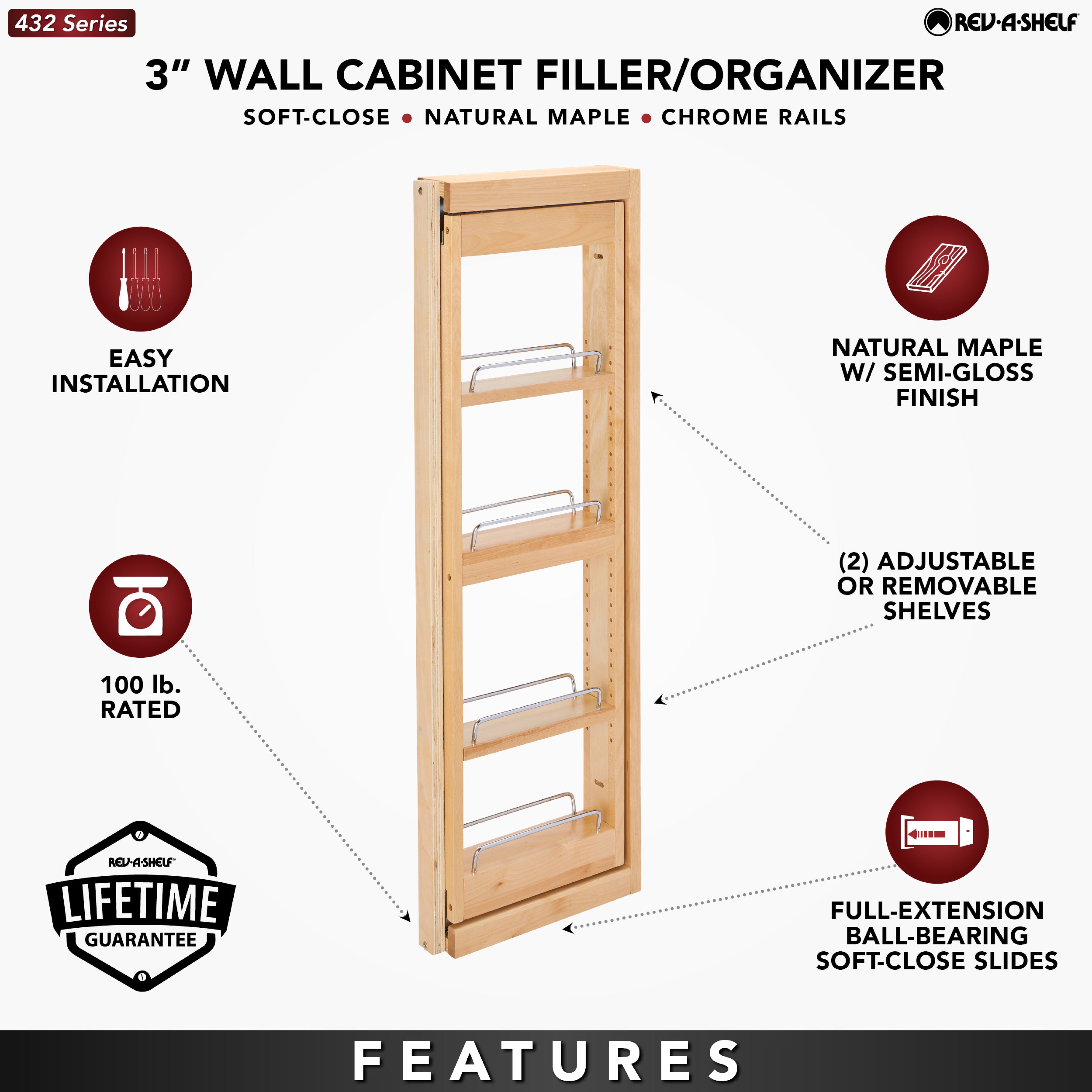 Rev-A-Shelf 3" Pullout Wall Filler w/ Soft-close, 36" Height, 432-WFBBSC36-3C - VMInnovations