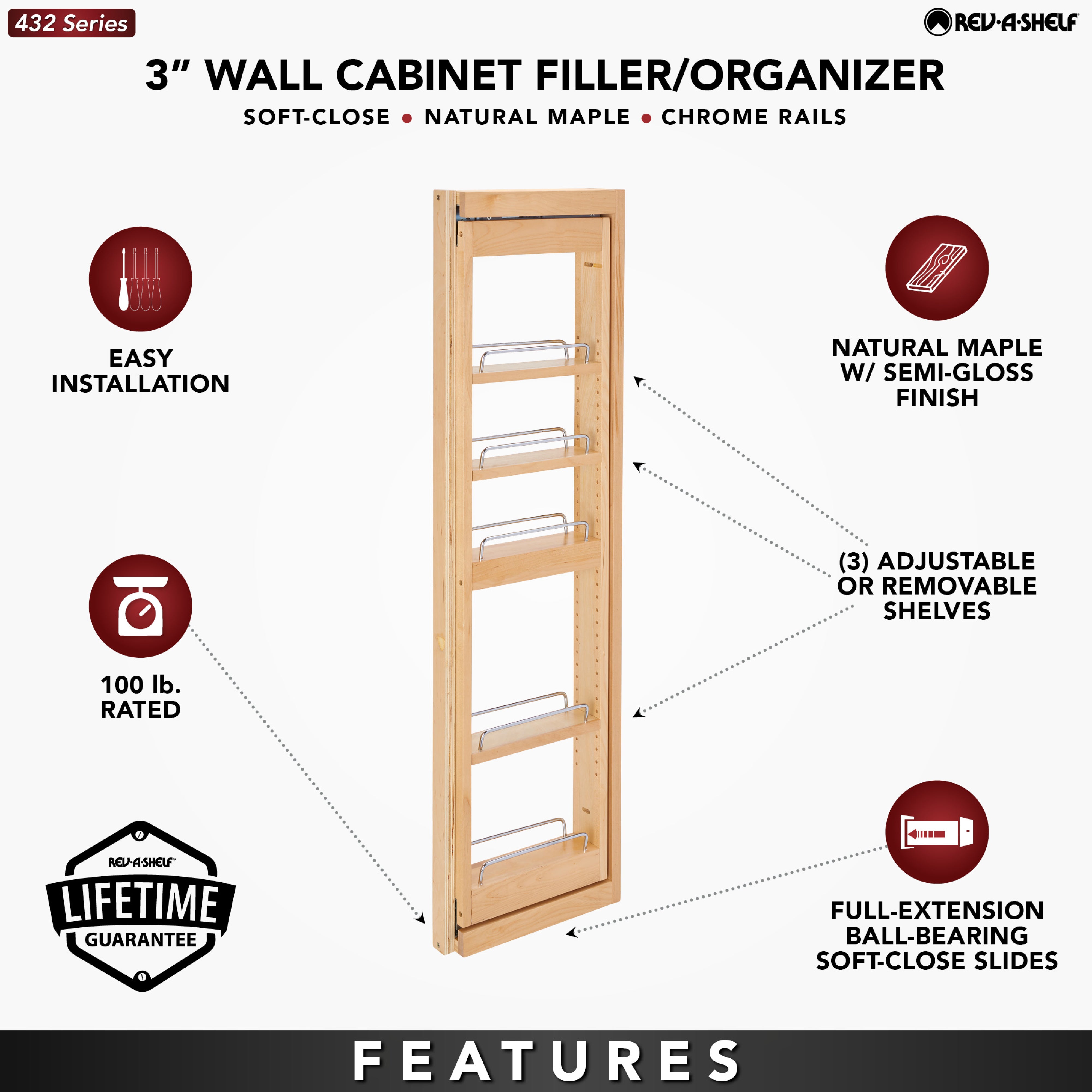 Rev-A-Shelf 3" Pullout Wall Filler w/ Soft-close, 42" Height, 432-WFBBSC42-3C - VMInnovations