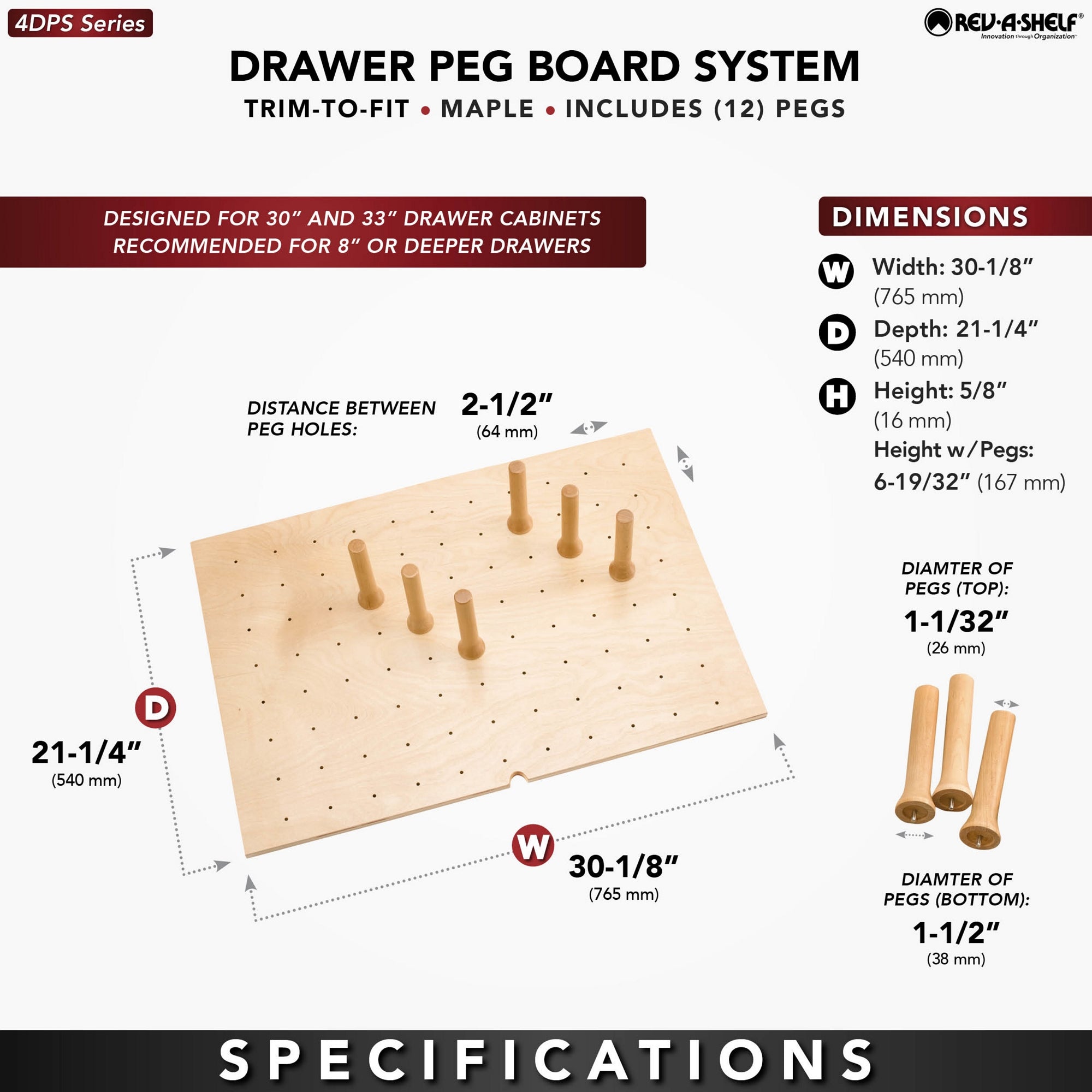 Rev-A-Shelf 30x21" Trimmable Pegboard Drawer Organizer with 12 Pegs, 4DPS-3021