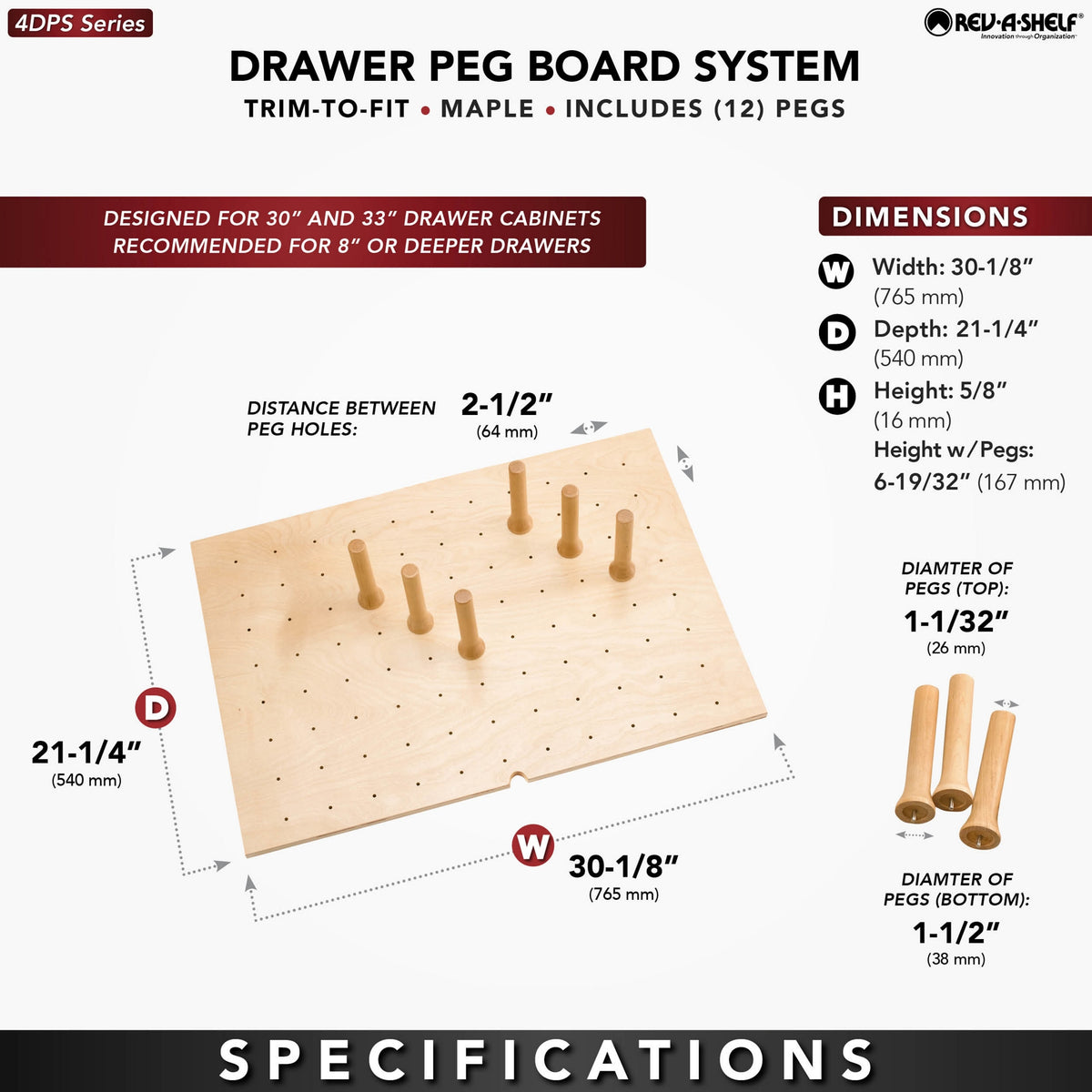 Rev-A-Shelf 4DPS-3021 30 x 21 Inch Wood 12 Peg Board Drawer Organizer (Open Box)