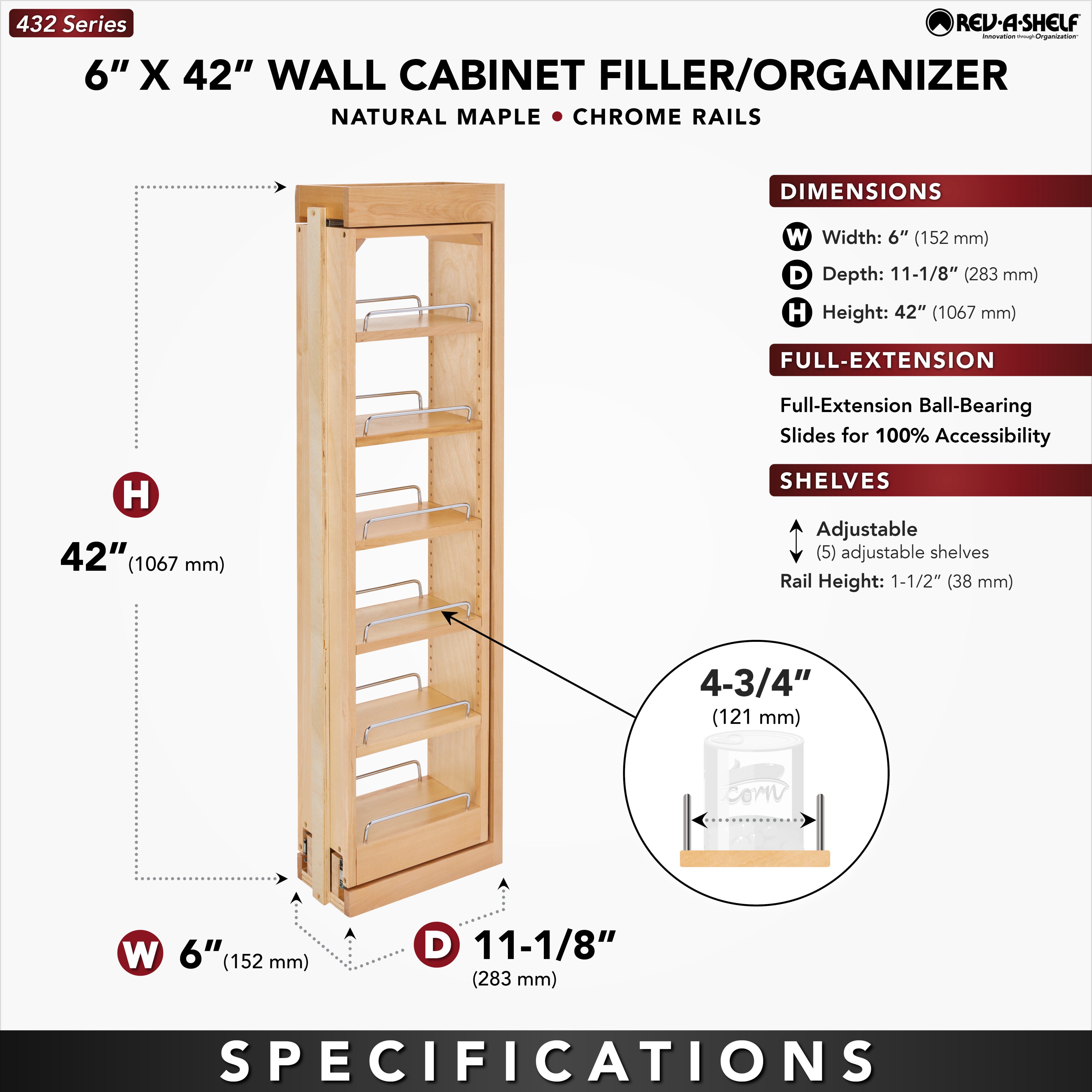 Rev-A-Shelf Pullout Wall Filler Cabinet Wooden Organizer, 42" Hgt, 432-WF42-6C - VMInnovations