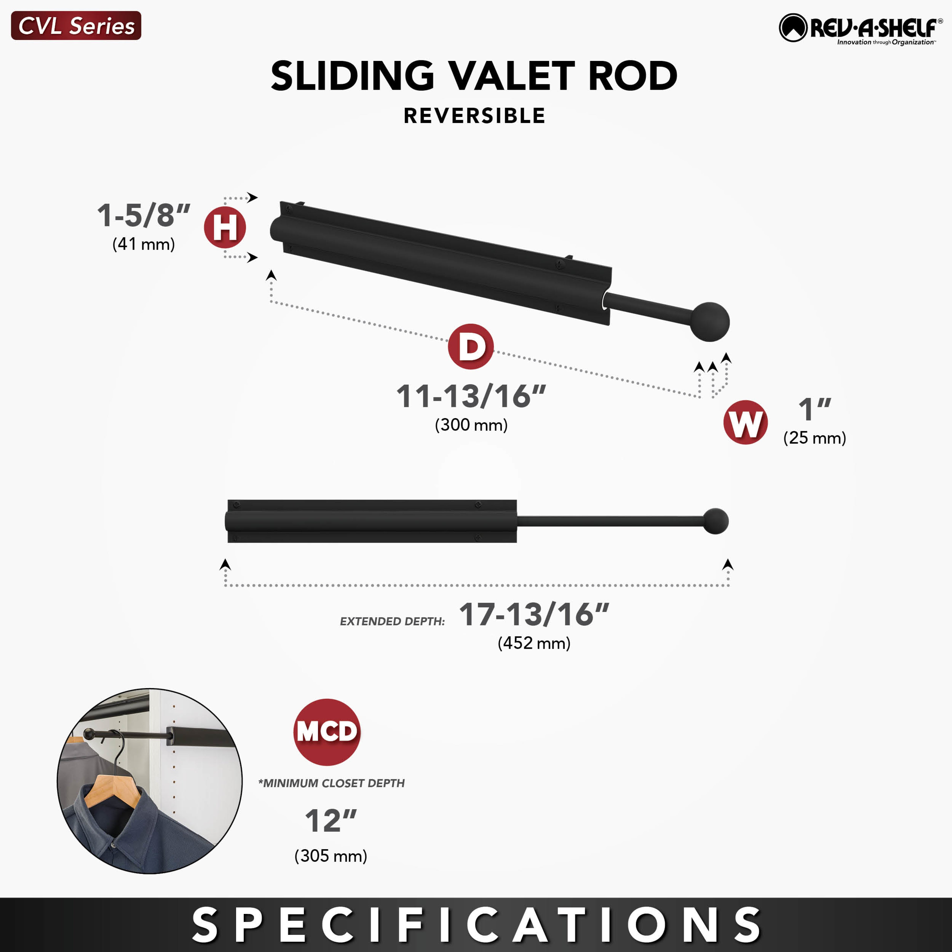Rev-A-Shelf 6'' Extending Metal Closet Valet Clothes Rod, Chrome, CVL-12-CR - VMInnovations