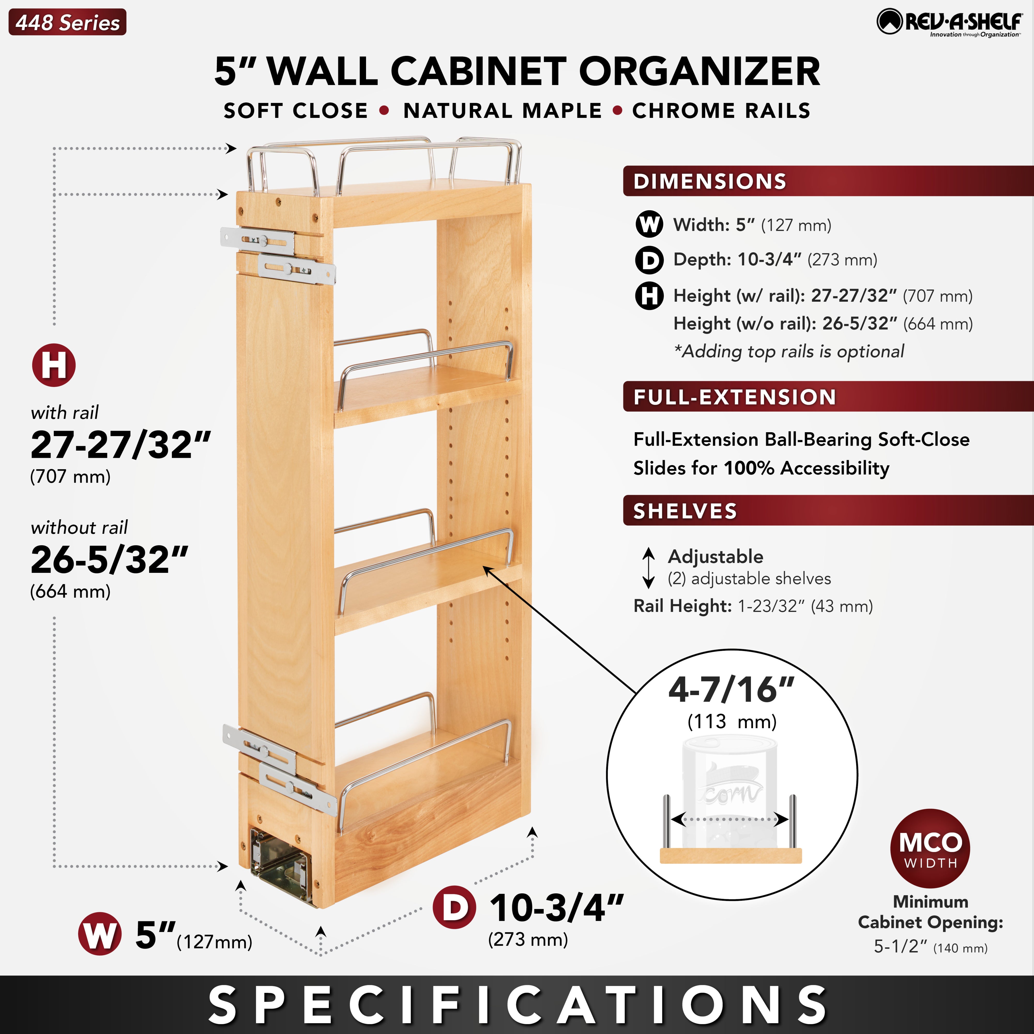 Rev-A-Shelf 5" Pullout Kitchen Cabinet Organizer w/ Soft-close, 448-BBSCWC-5C - VMInnovations