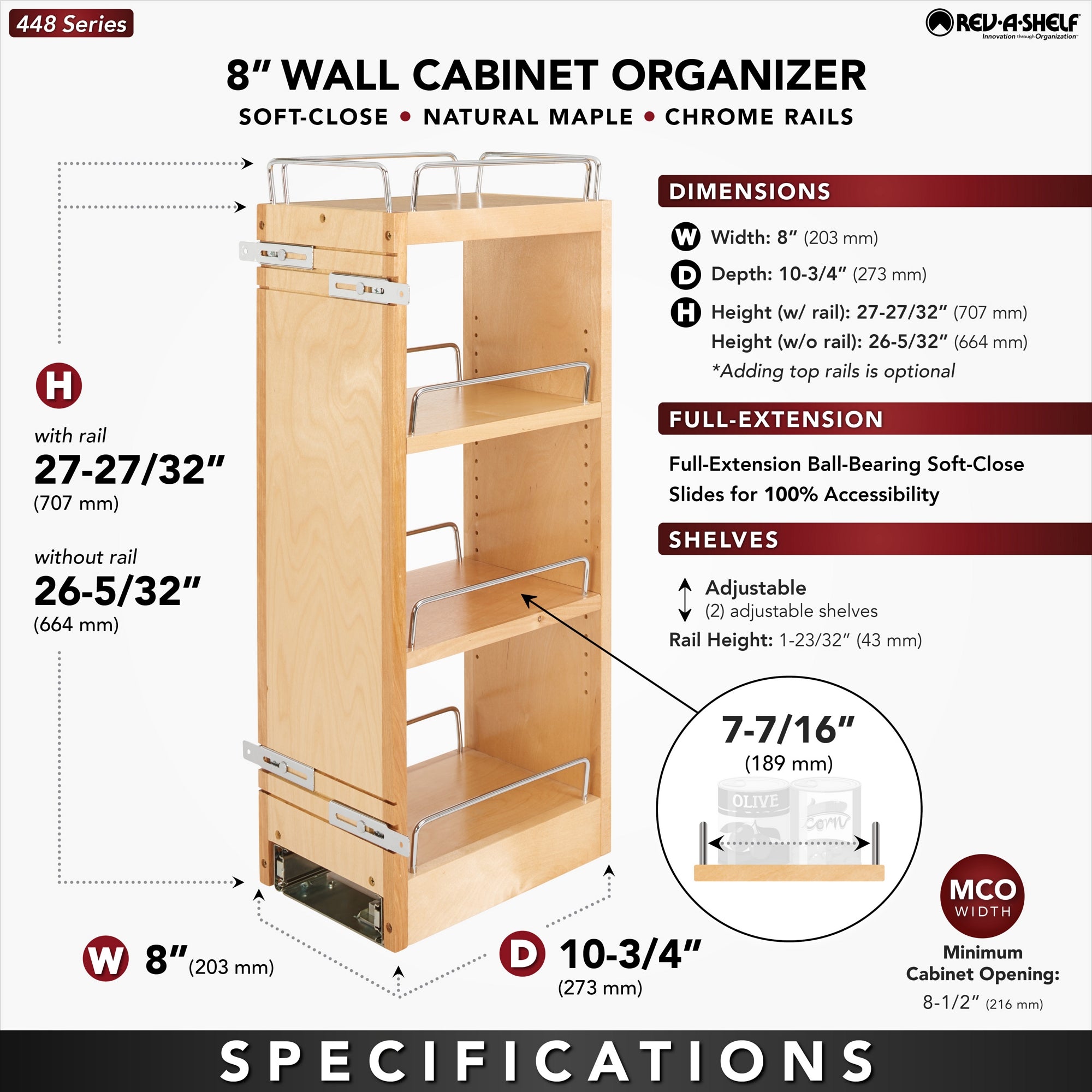 Rev-A-Shelf 8" Pullout Kitchen Wall Cabinet Organizer Soft-close, 448-BBSCWC-8C - VMInnovations