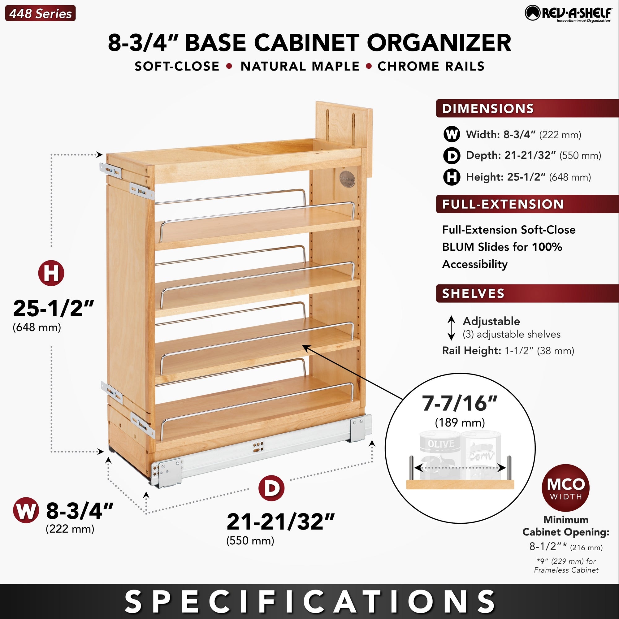Rev-A-Shelf 8.75'' Pullout Kitchen Cabinet Organizer Soft-close, 448-BCSC-8C - VMInnovations