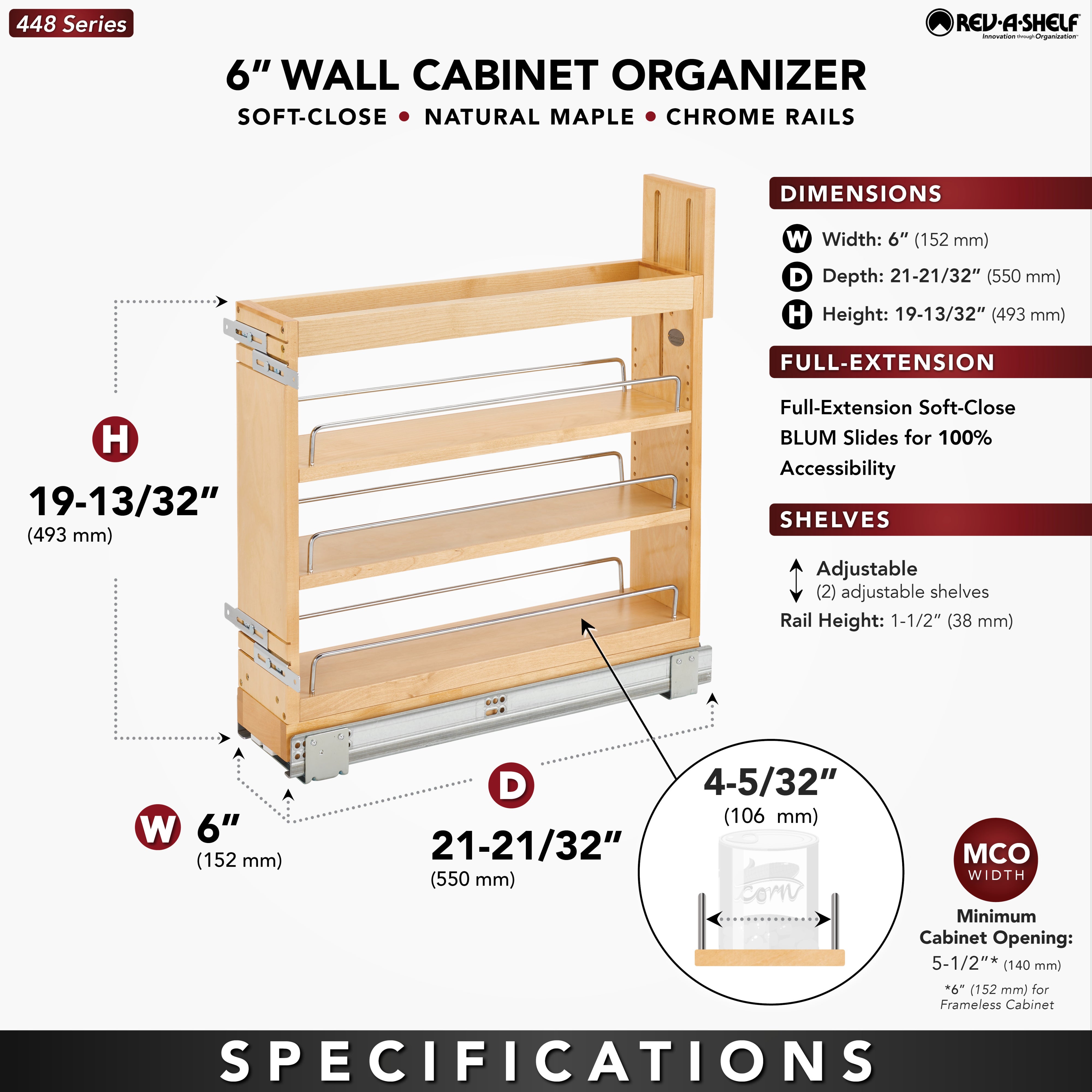 Rev-A-Shelf 5" Door/ Drawer Base Cabinet Organizer Soft-close, 448-BDDSC-5C - VMInnovations