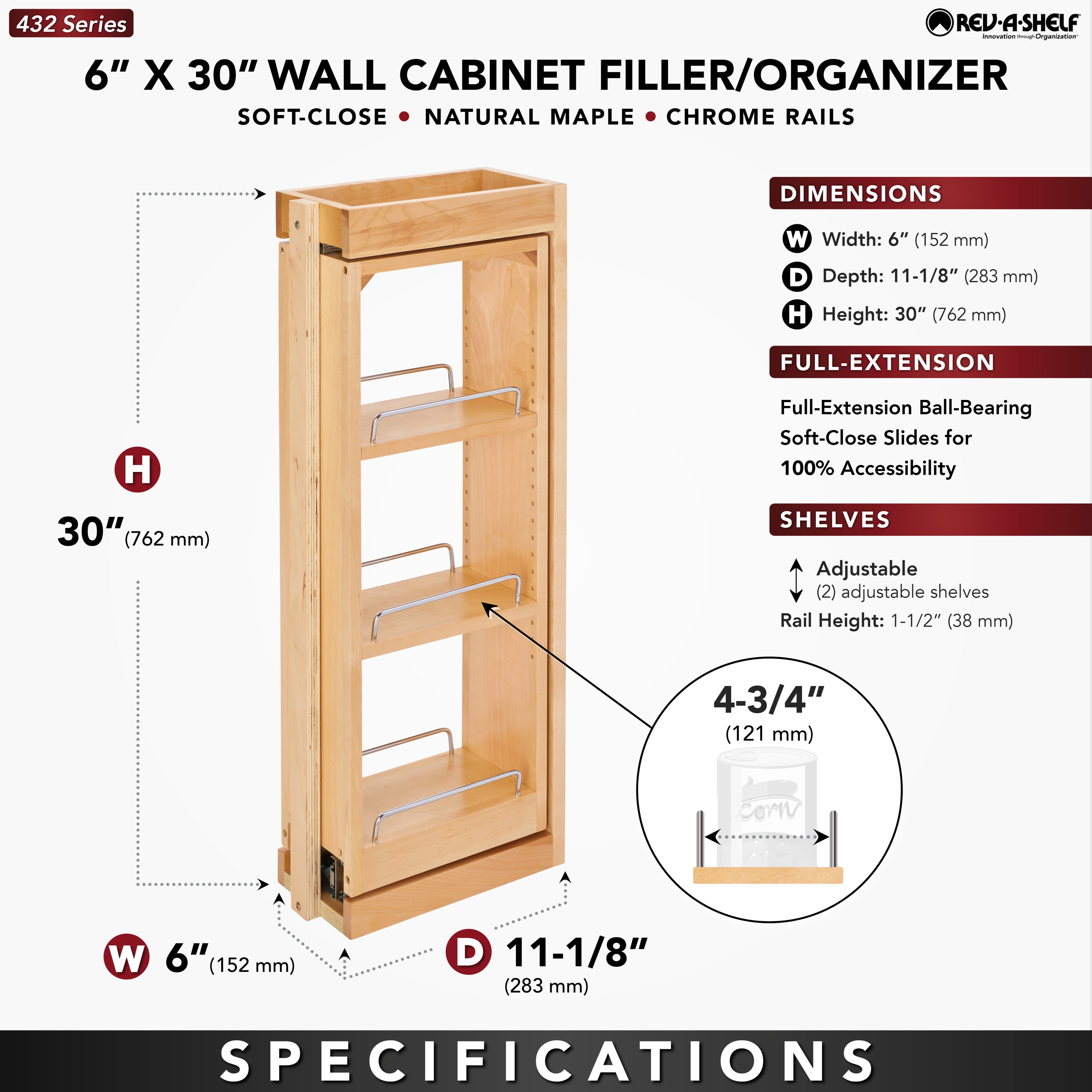 Rev-A-Shelf 6" Pullout Wall Filler with Soft-Close, 30" Height, 432-WFBBSC30-6C - VMInnovations