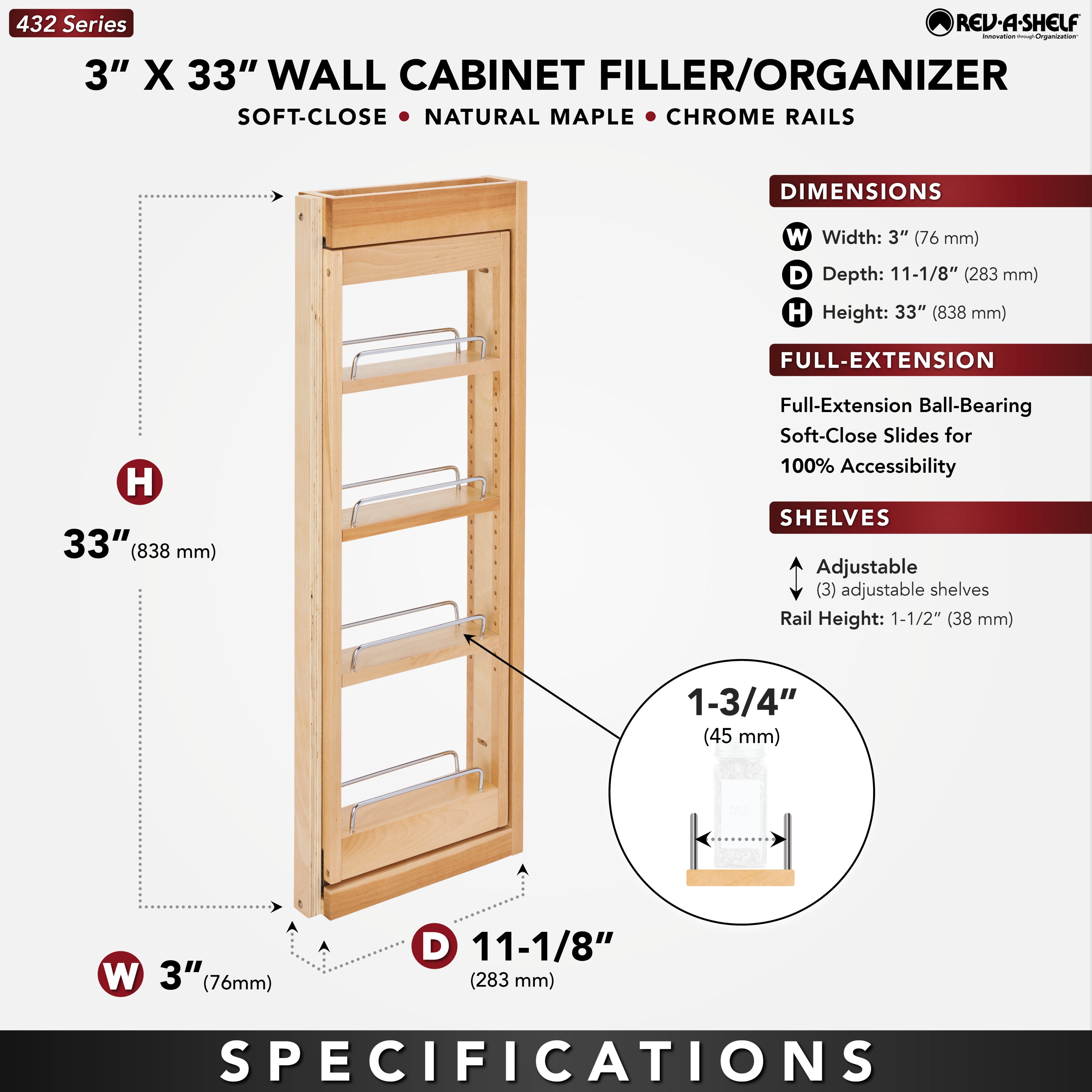 Rev-A-Shelf 3" Pullout Wall Filler w/ Soft-close, 33" Height, 432-WFBBSC33-3C - VMInnovations