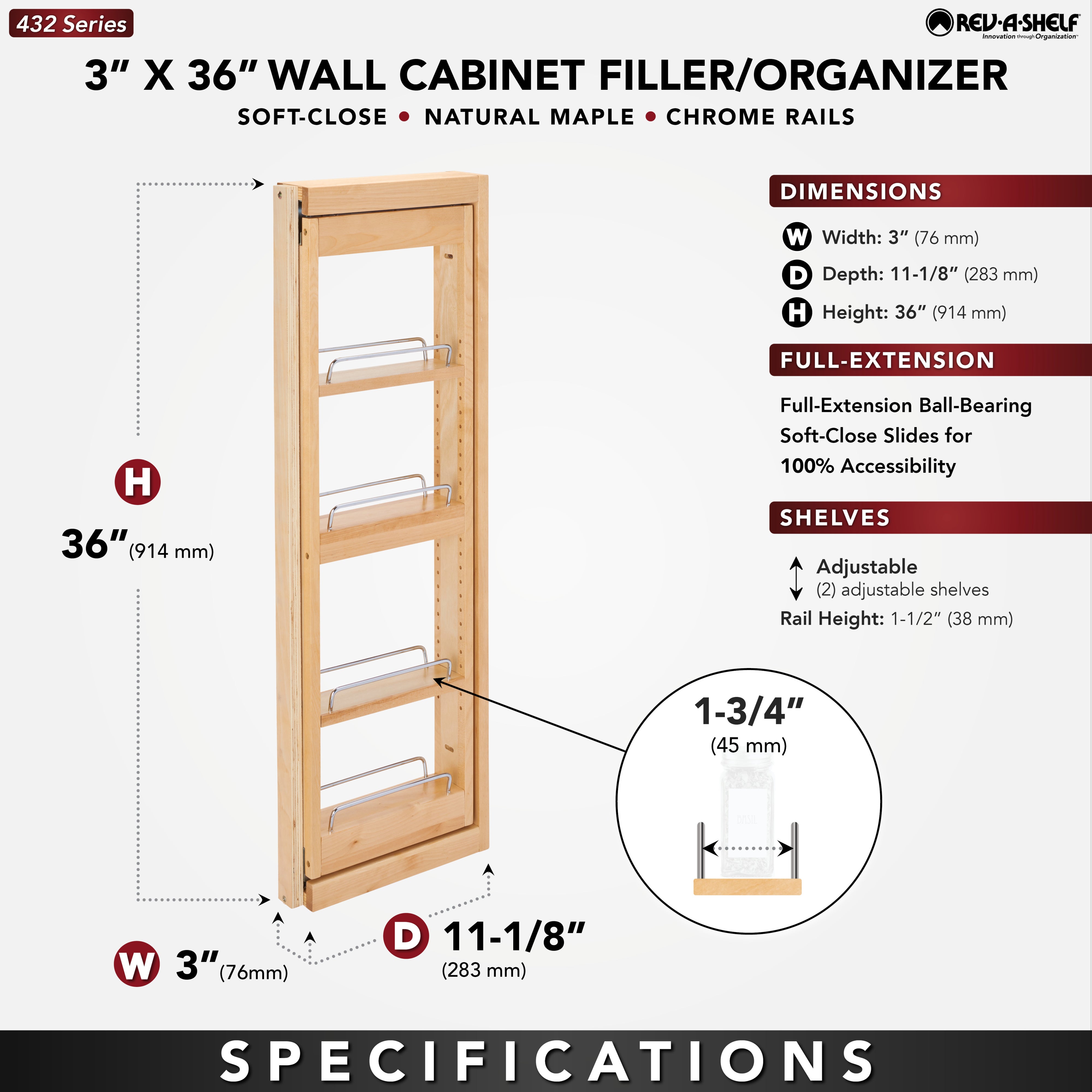 Rev-A-Shelf 3" Pullout Wall Filler w/ Soft-close, 36" Height, 432-WFBBSC36-3C - VMInnovations