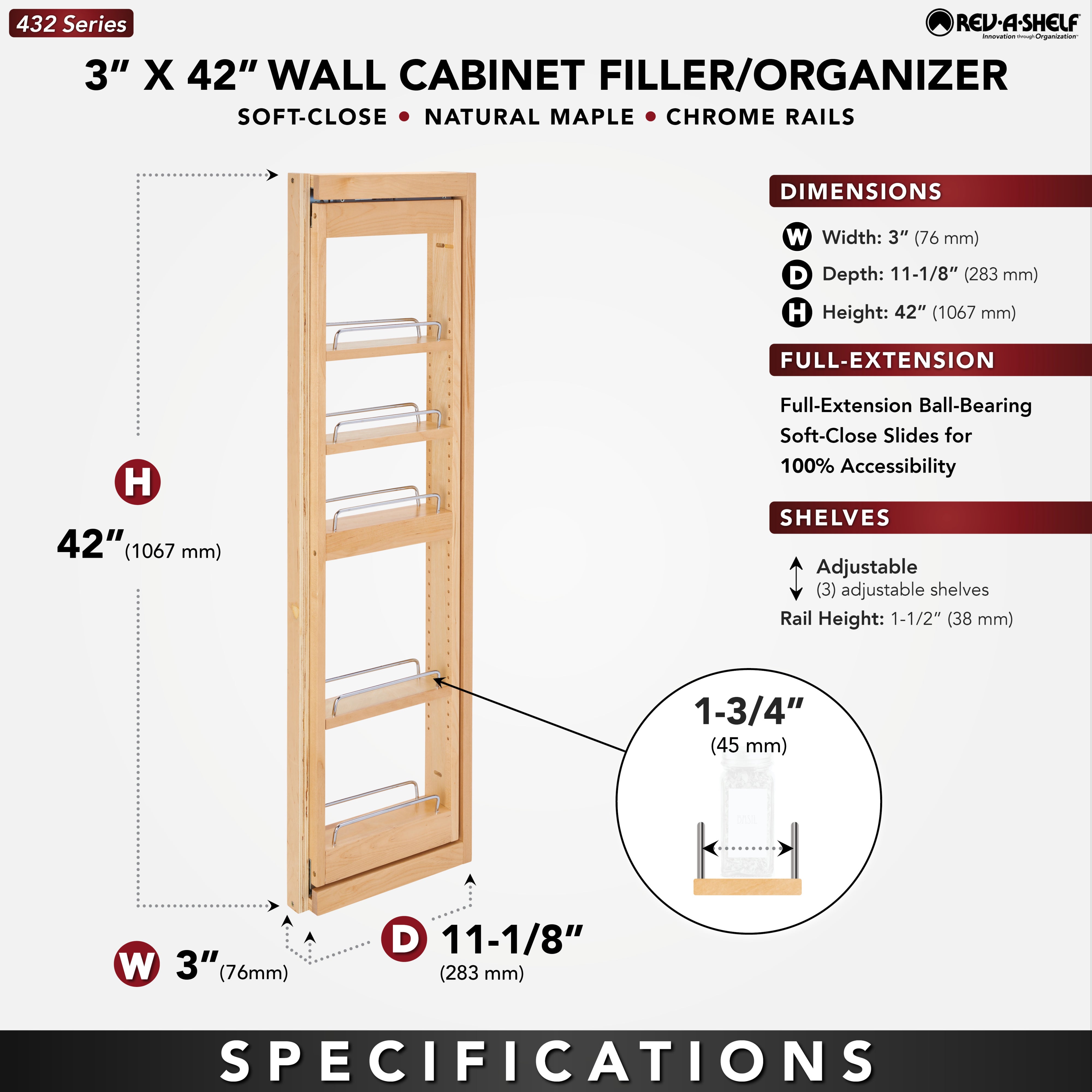 Rev-A-Shelf 3" Pullout Wall Filler w/ Soft-close, 42" Height, 432-WFBBSC42-3C