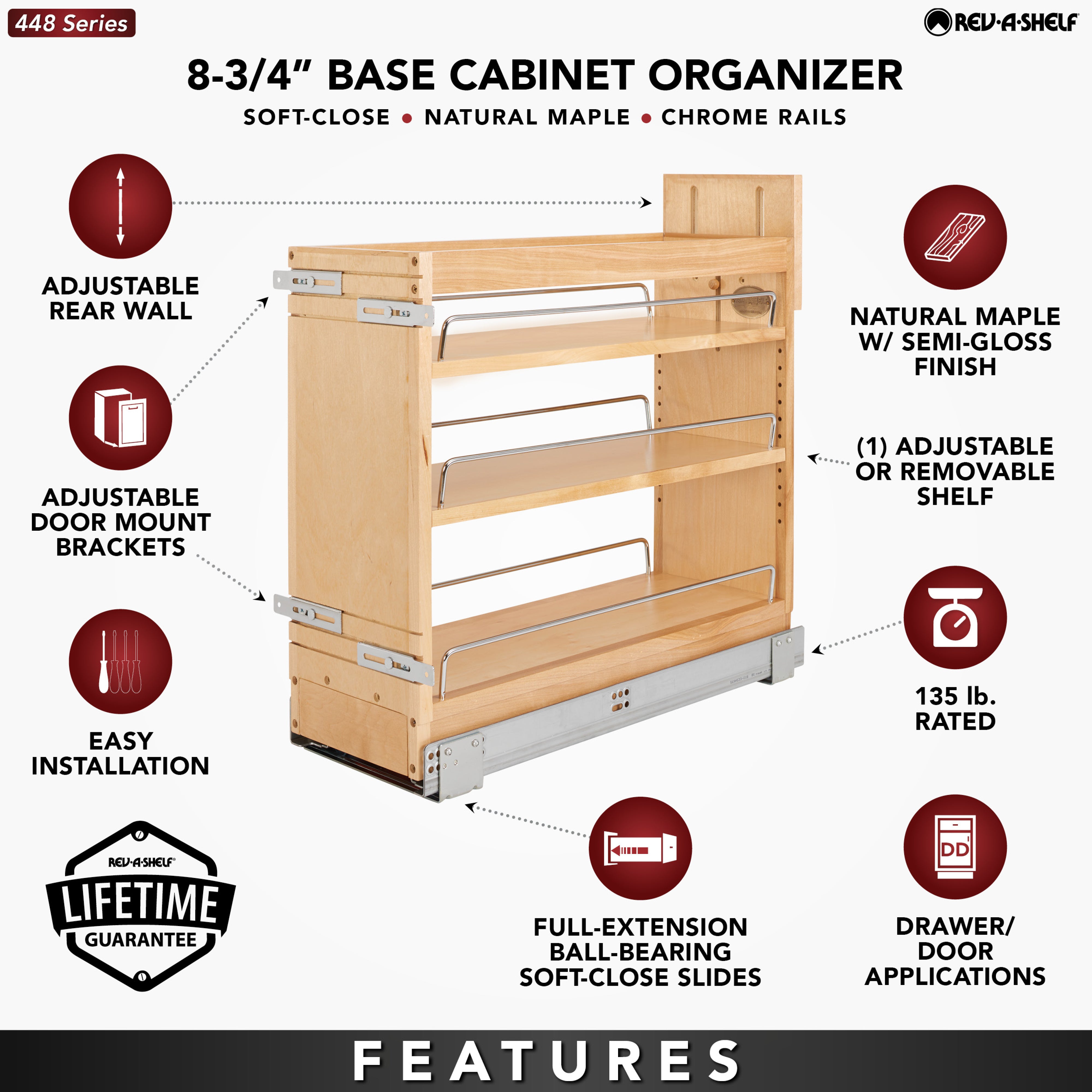 Rev-A-Shelf 8" Door/ Drawer Base Cabinet Organizer Soft-close, 448-BDDSC-8C - VMInnovations