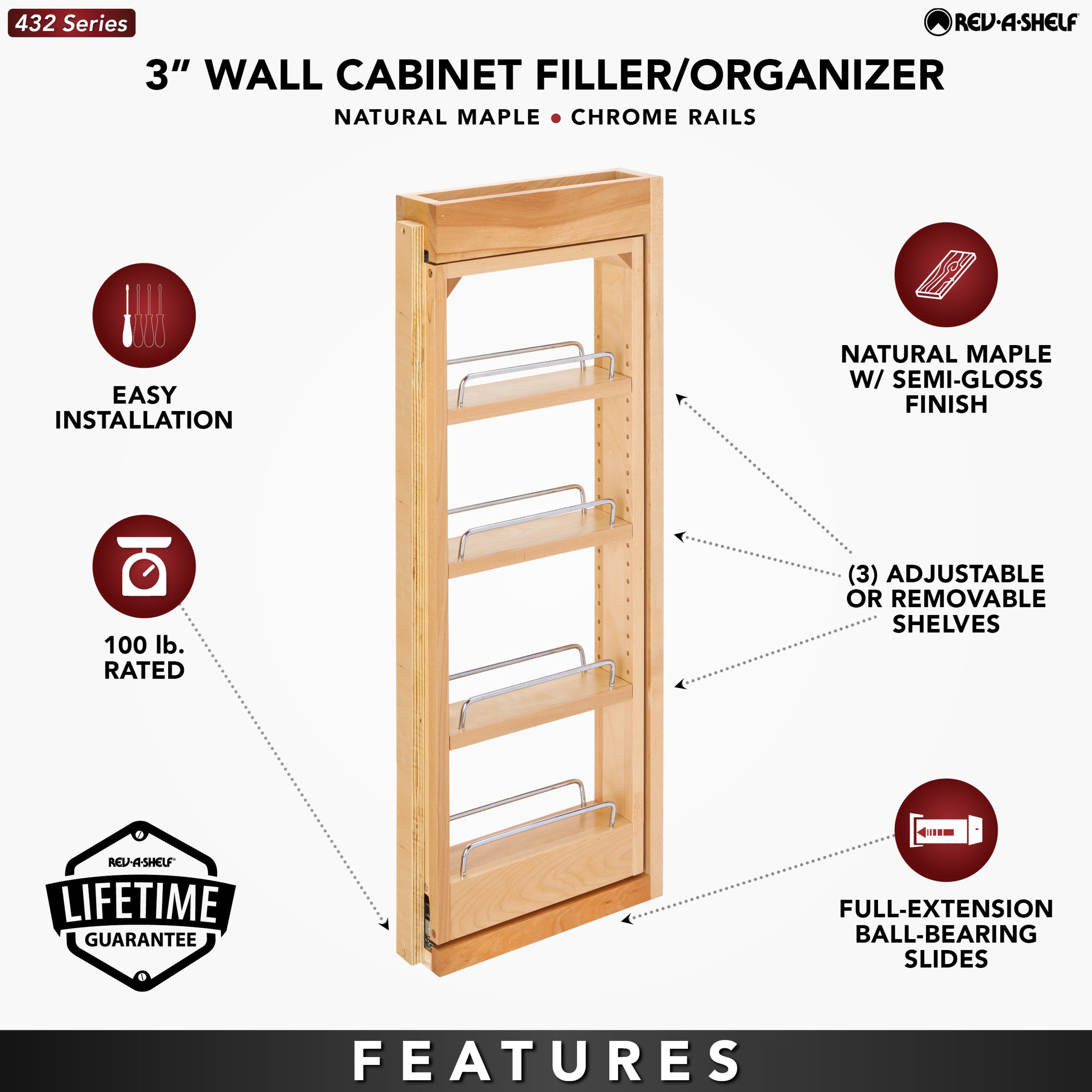 Rev-A-Shelf Pullout Wall Filler Between Cabinet Shelf Storage 3"x30", 432-WF-3C - VMInnovations