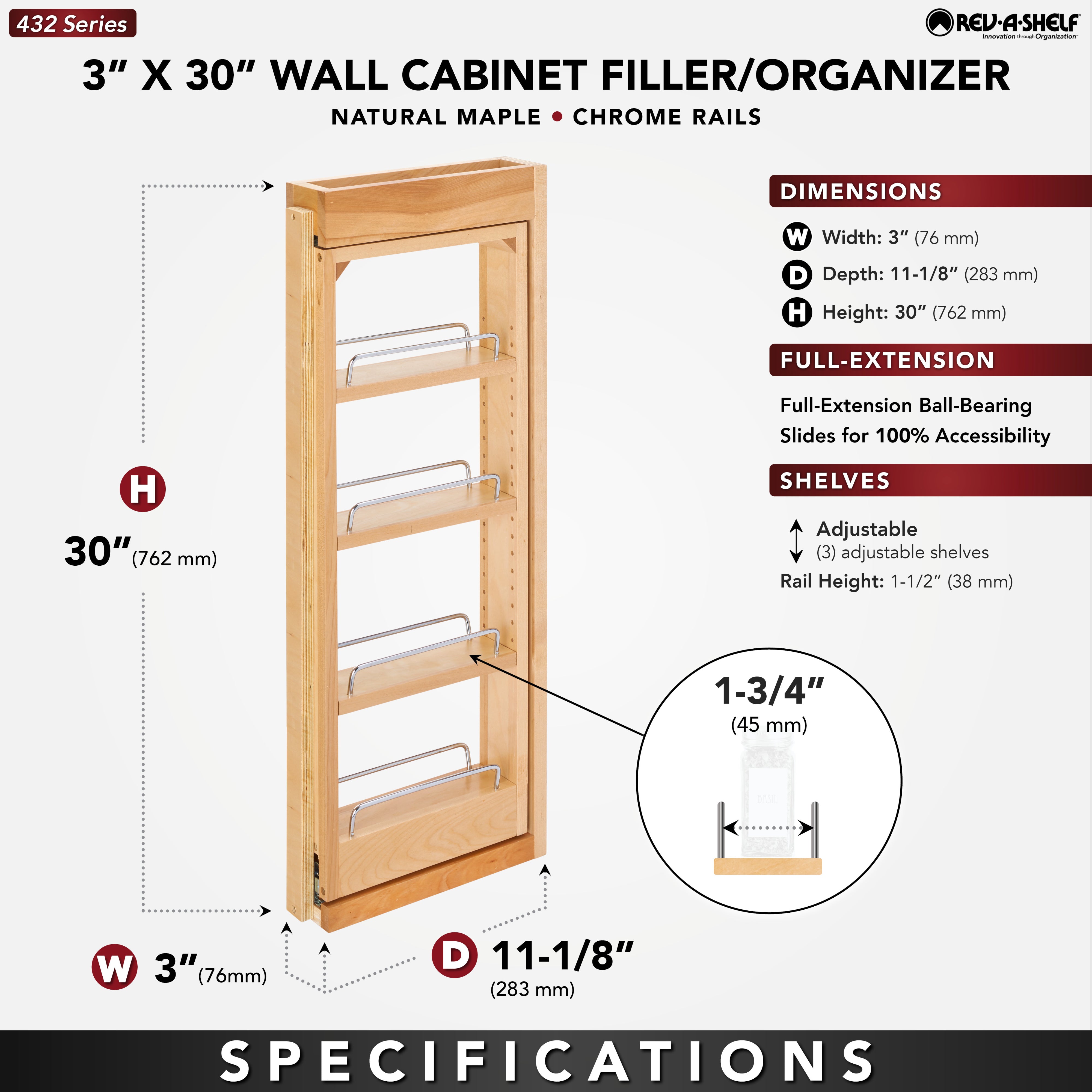 Rev-A-Shelf Pullout Wall Filler Between Cabinet Shelf Storage 3"x30", 432-WF-3C - VMInnovations