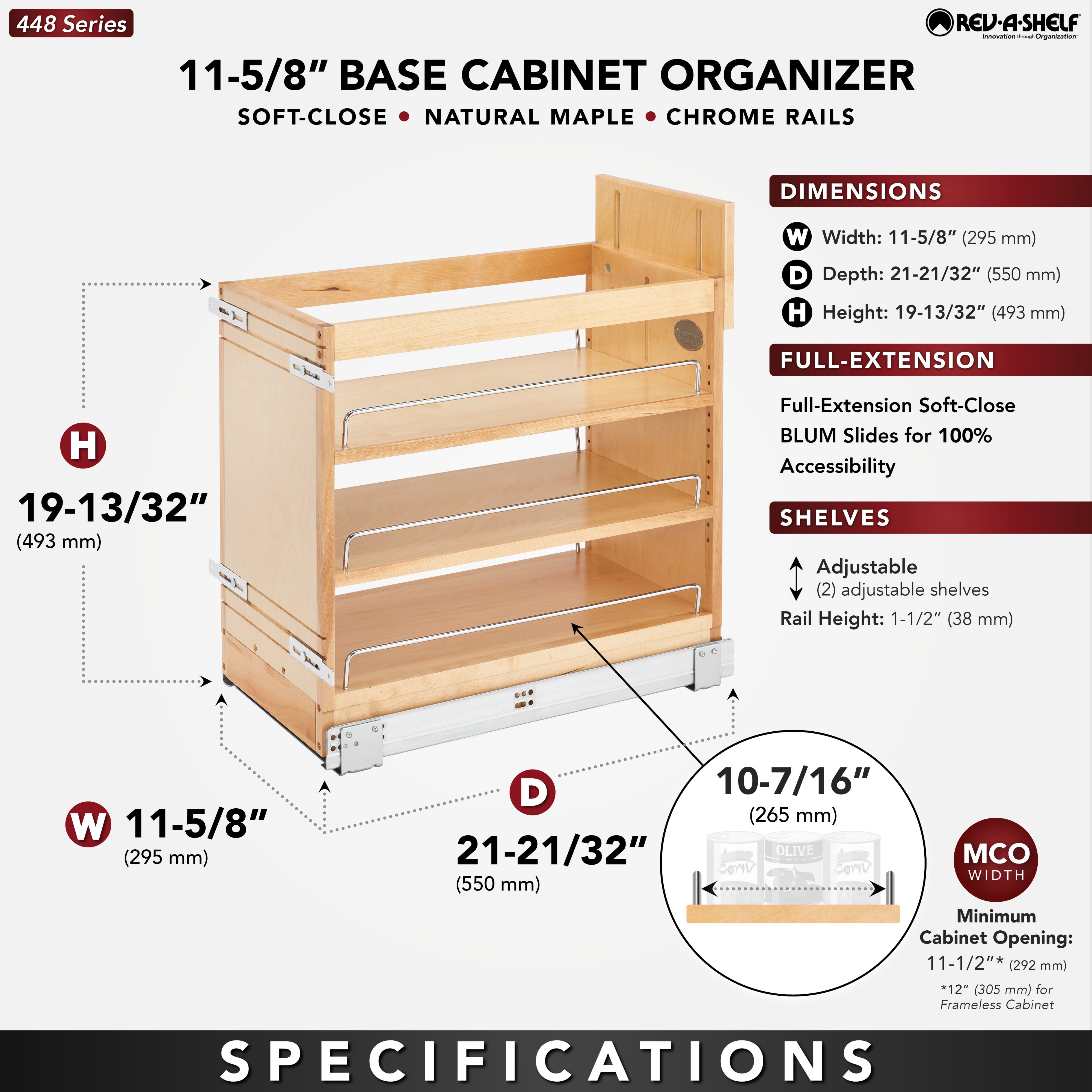 Rev-A-Shelf 11" Door/ Drawer Base Cabinet Organizer Soft-close, 448-BDDSC-11C - VMInnovations