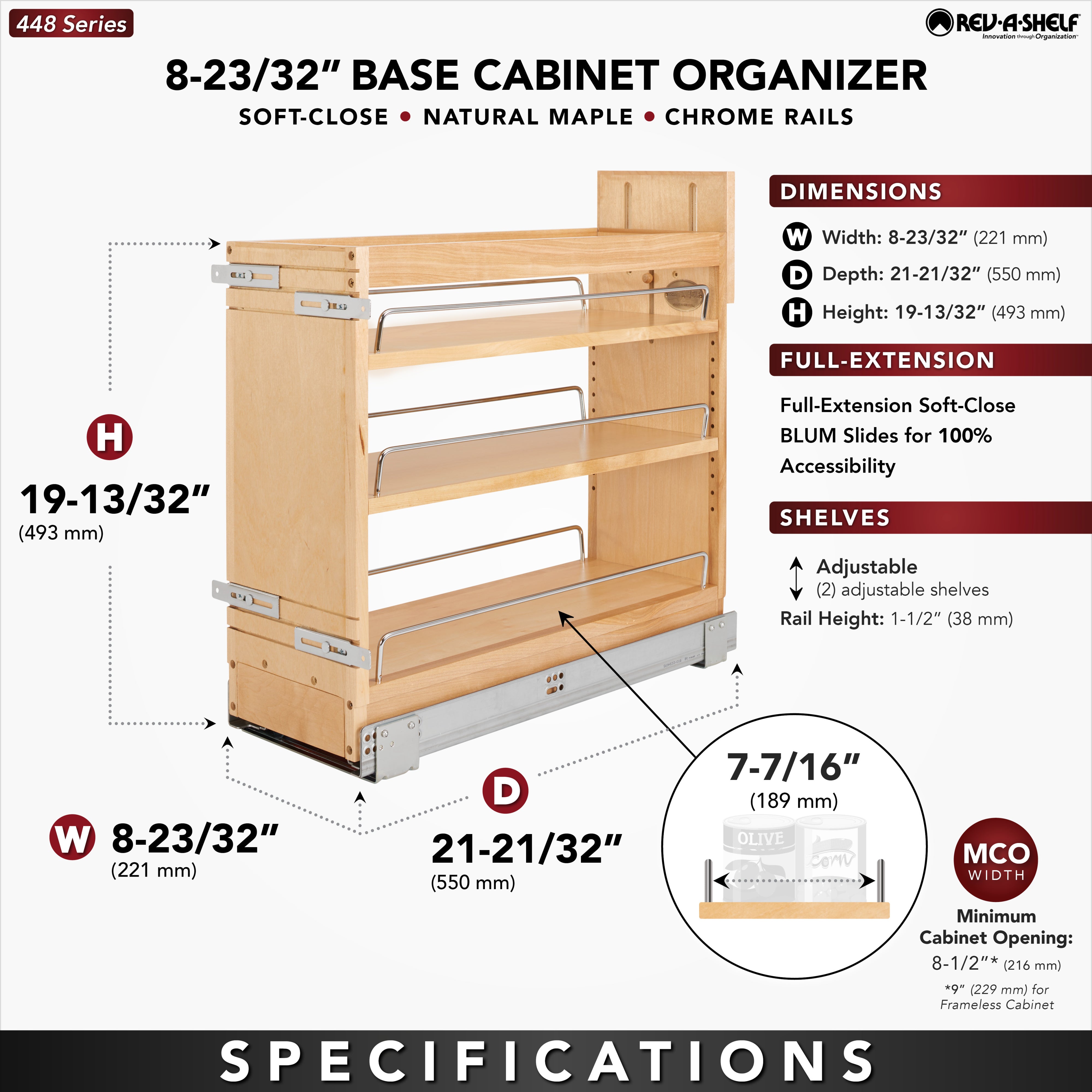 Rev-A-Shelf 448 8 Inch Door/Drawer Base Soft Close Cabinet Organizer (Open Box)