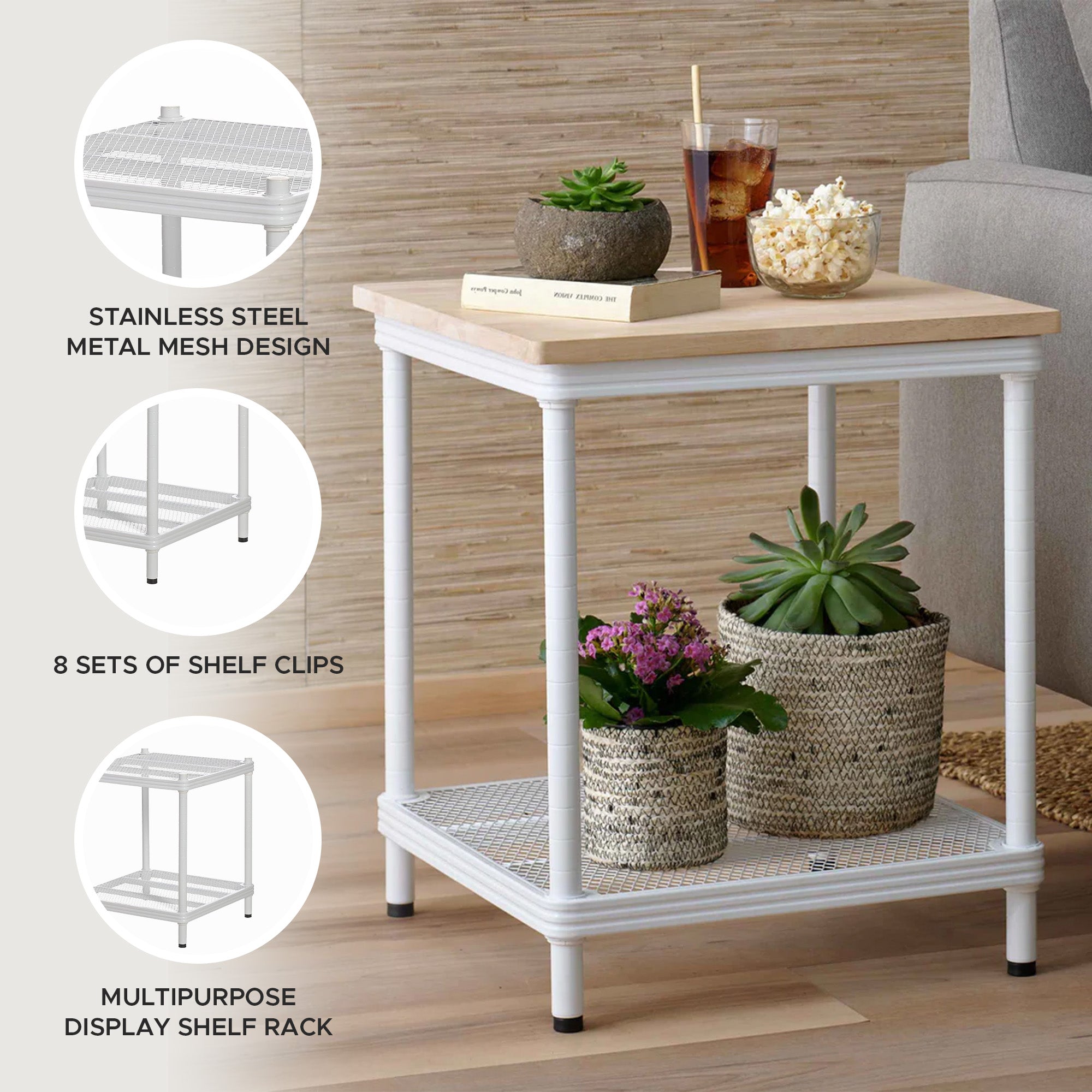 Design Ideas MeshWorks 2 Tier Narrow Metal Storage Shelving Unit Rack, White - VMInnovations
