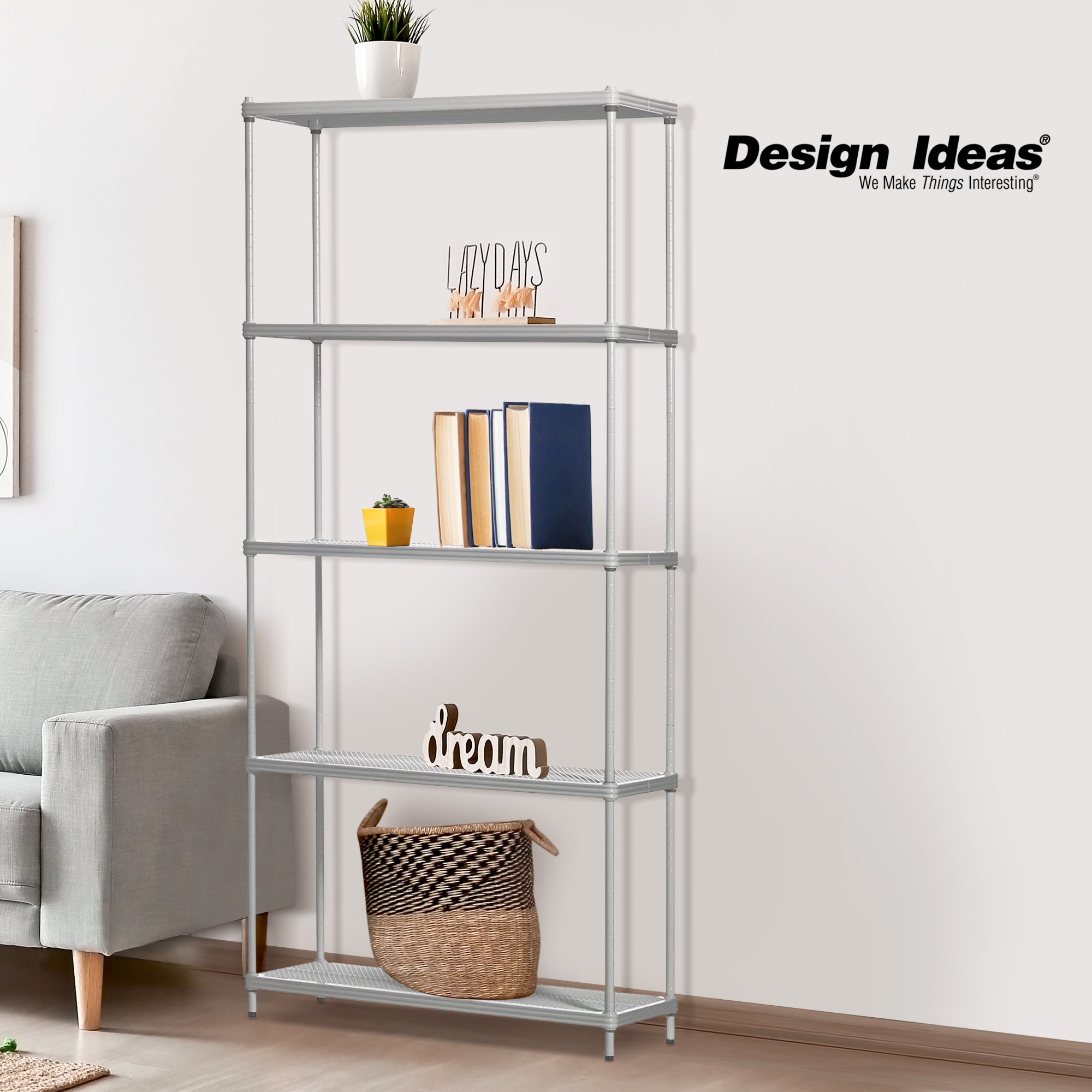 Design Ideas 5 Tier Metal Storage Shelving Unit Rack Bookshelf, Silver(Open Box)