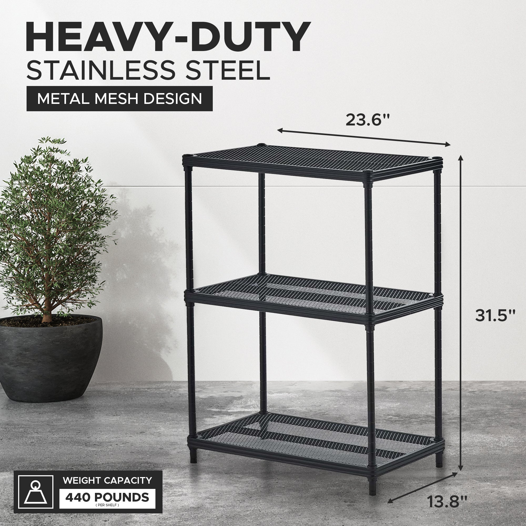 Design Ideas 3 Tier Full-Size Metal Storage Shelving Unit Rack, Black (Open Box) - VMInnovations