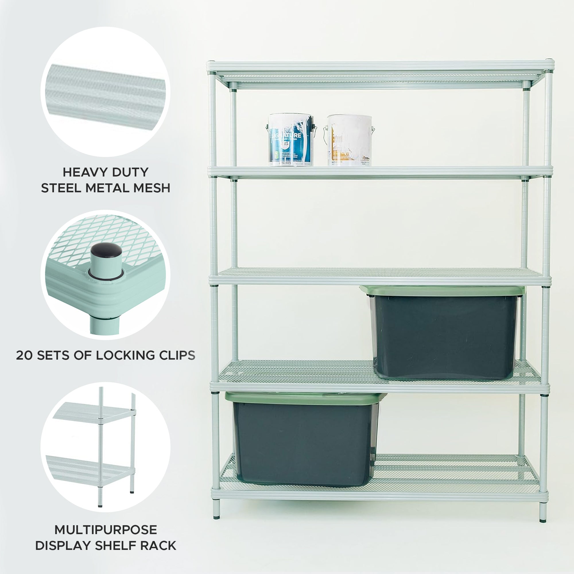 Design Ideas 5 Tier Full-Size Metal Storage Shelving Unit Rack, Sage (Open Box) - VMInnovations