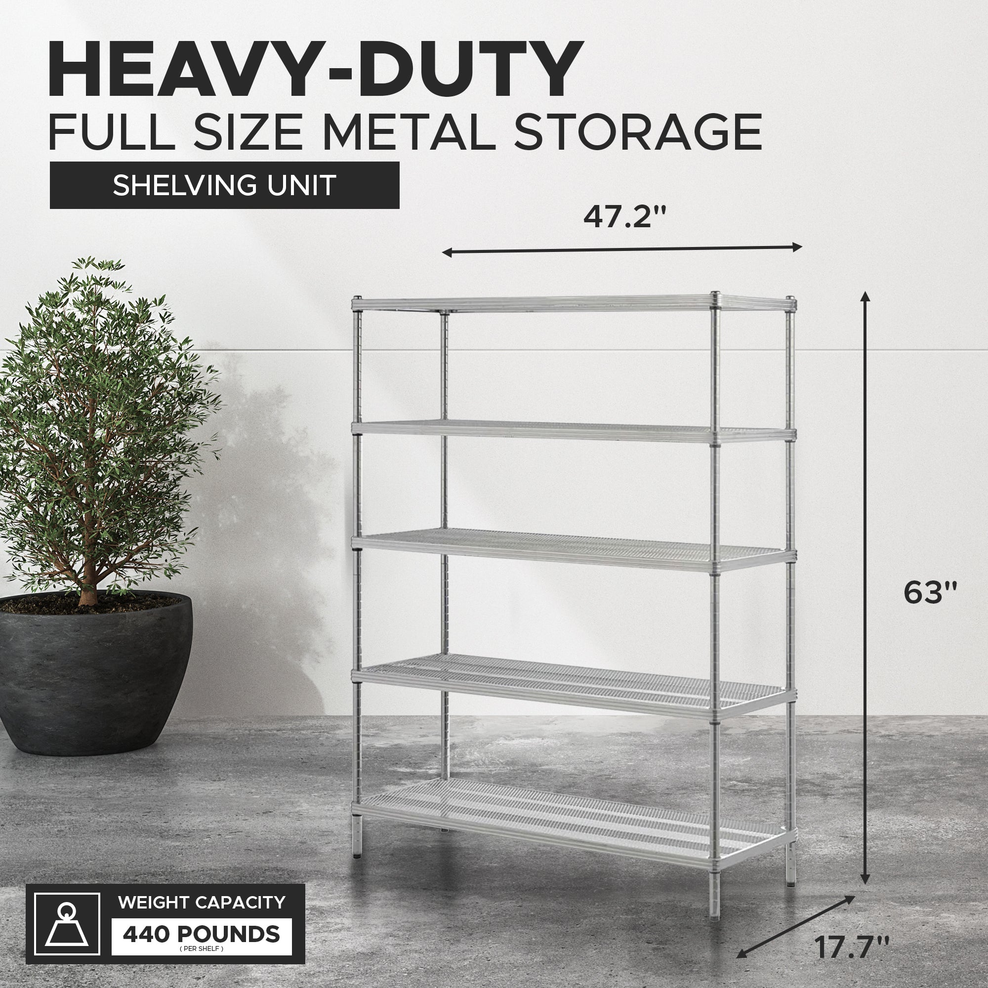 Design Ideas 5 Tier Full-Size Metal Storage Shelving Unit Rack, Silver (Used) - VMInnovations