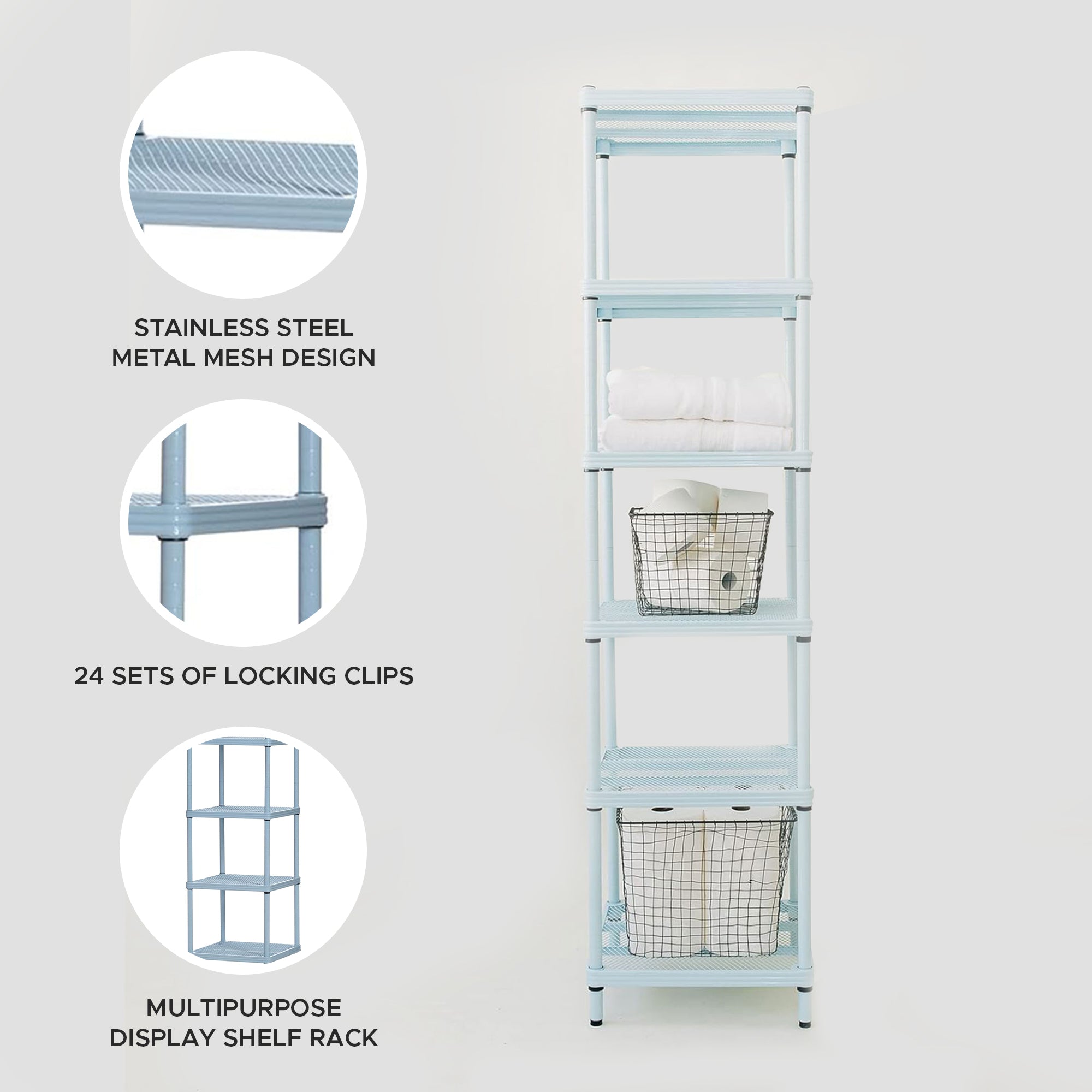 Design Ideas MeshWorks 6 Tier Tower Metal Storage Shelving Unit Rack, Sky Blue - VMInnovations