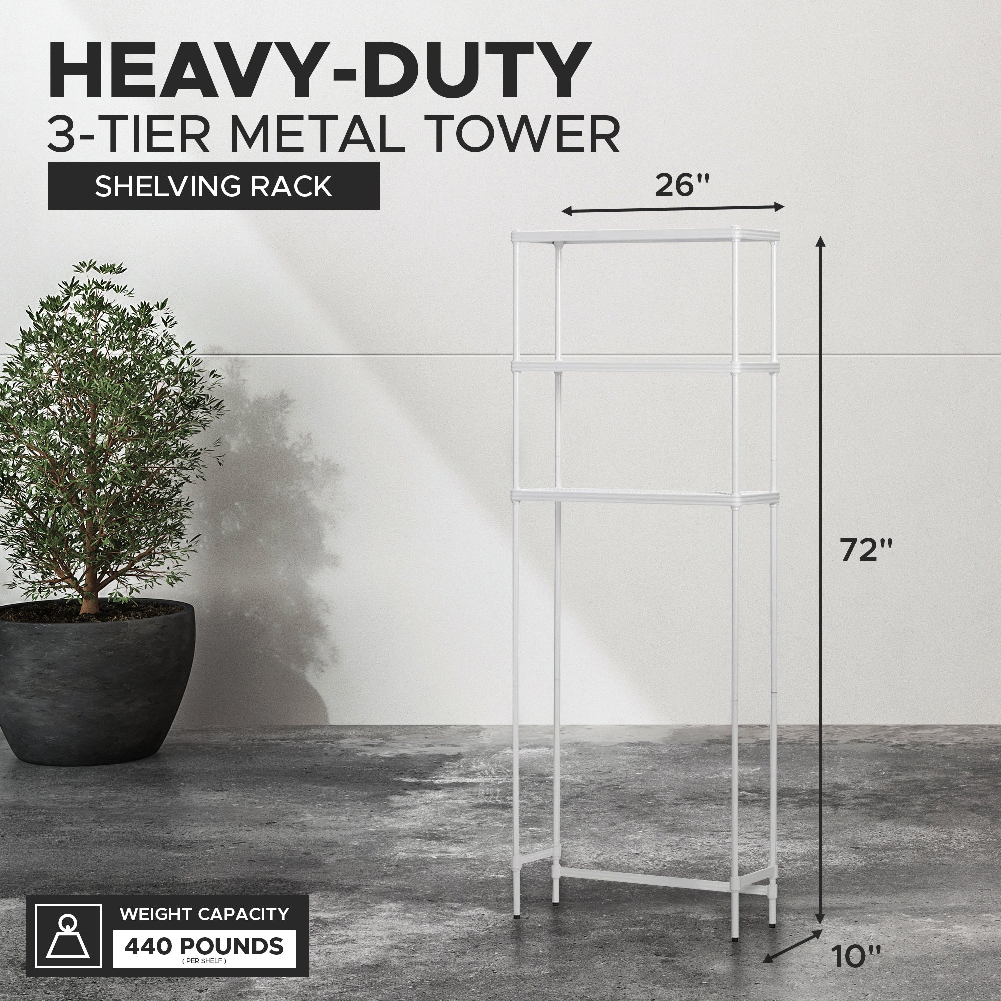 Design Ideas MeshWorks 3 Tier Metal Bathroom Storage Shelving Unit Rack, White - VMInnovations