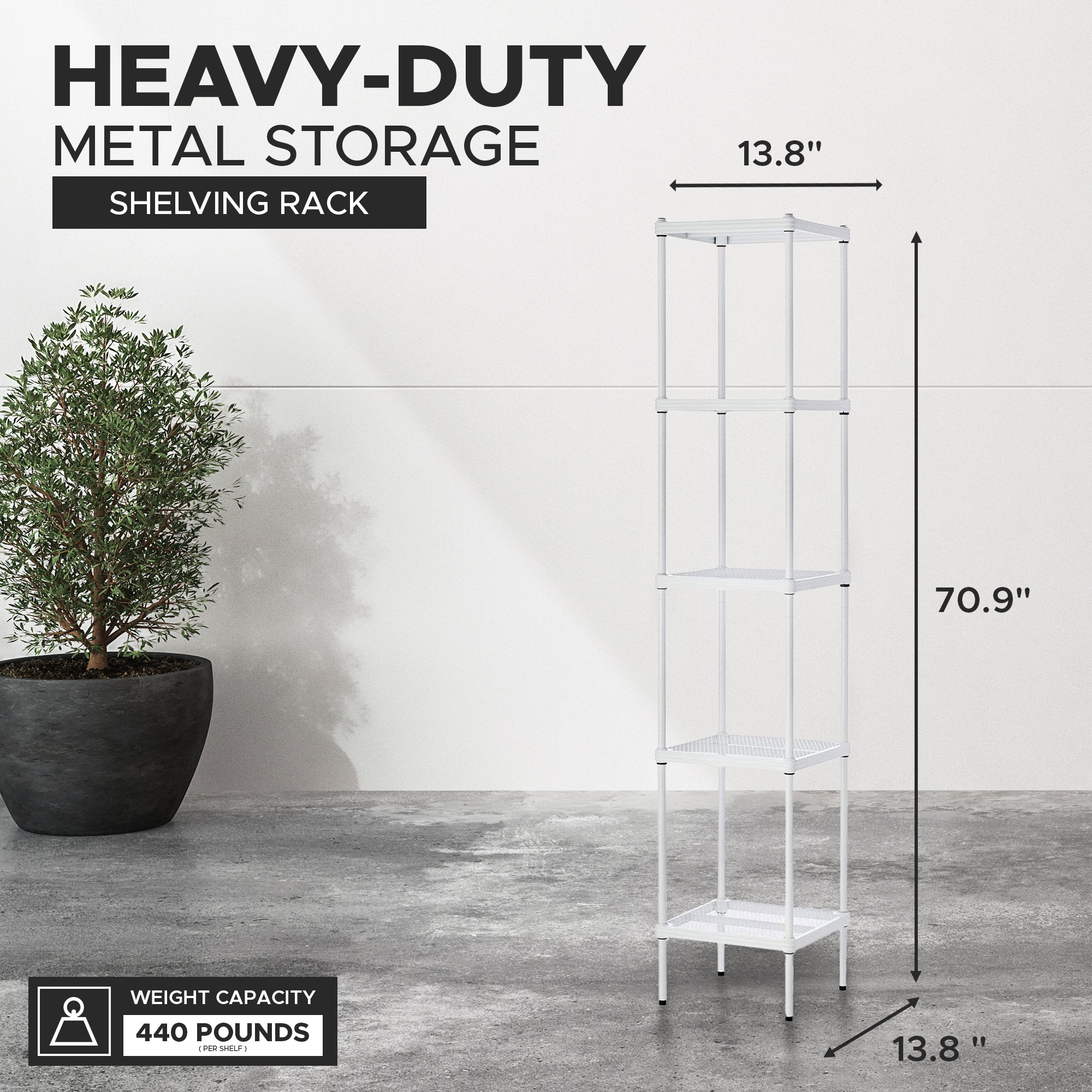 Design Ideas MeshWorks 5 Tier Tower Metal Storage Shelving Unit Rack, White - VMInnovations