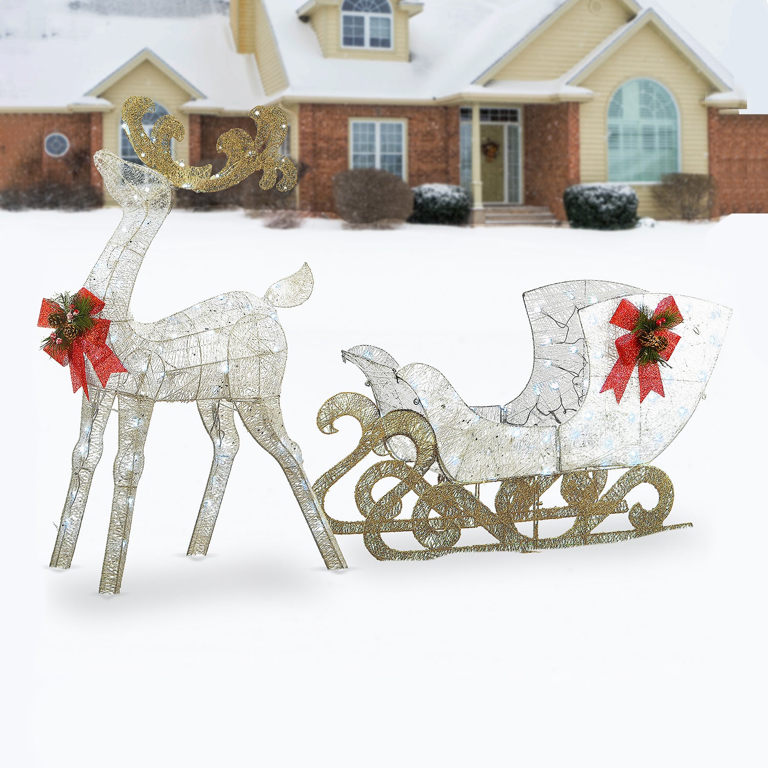 National Tree Company Pre Lit White Sisal Reindeer & Sleigh Decor (Used) - VMInnovations