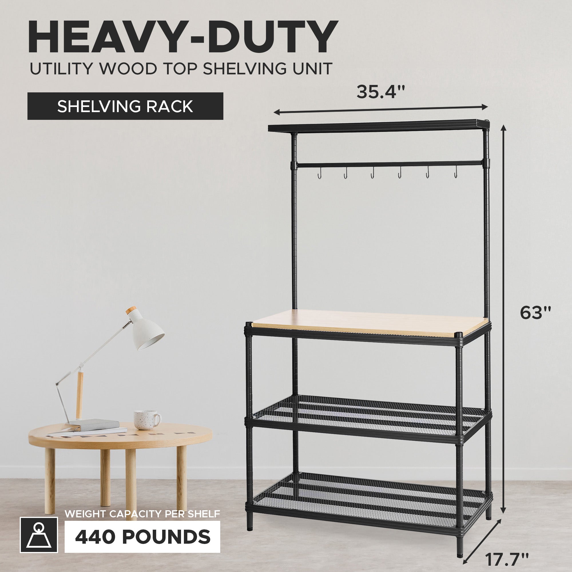 Design Ideas MeshWorks Metal Utility Wood Shelving Unit Rack, Black (Open Box) - VMInnovations