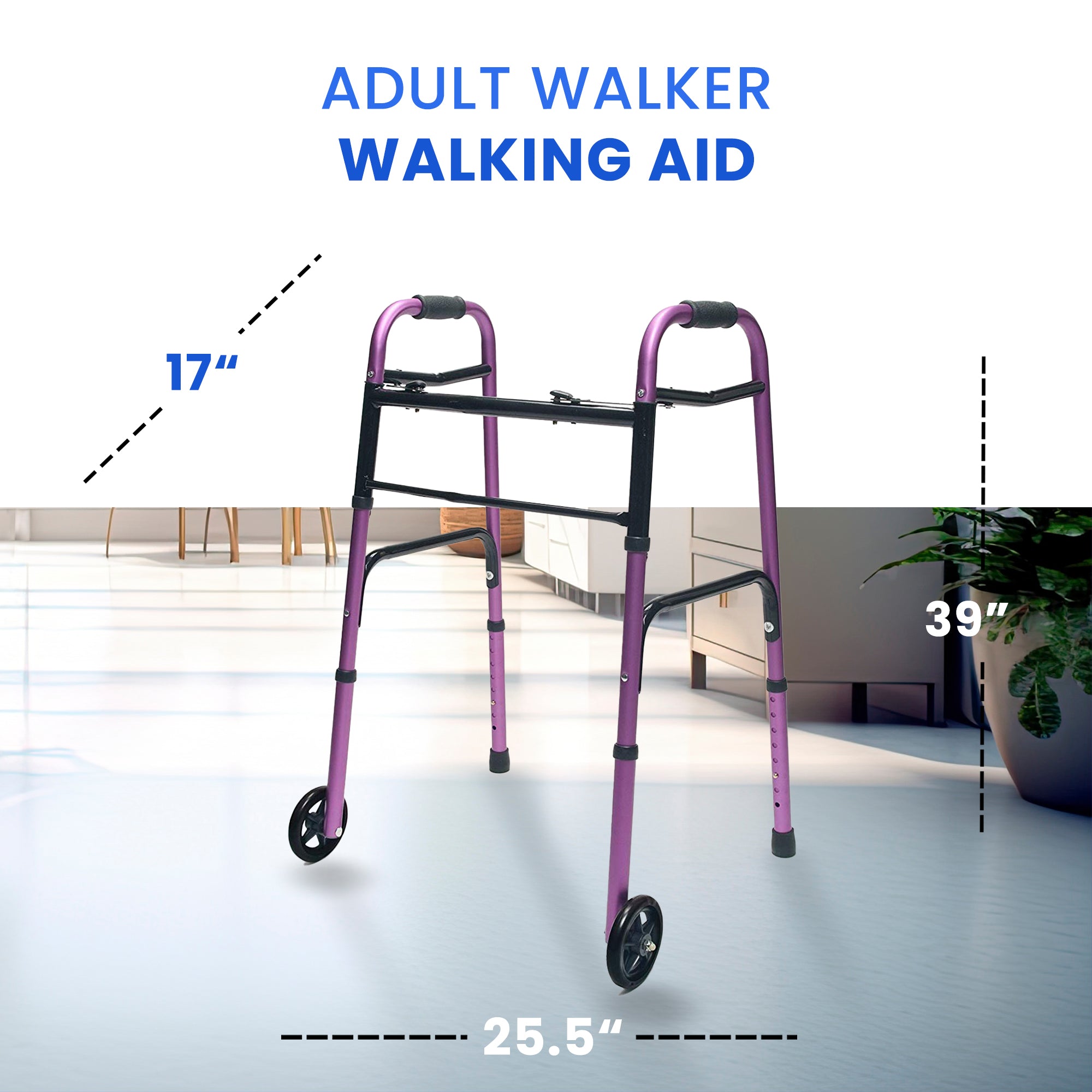 Lumex Everyday Adult Walker Walking Aid with 5" Front Wheels & Glide Tips, Plum - VMInnovations