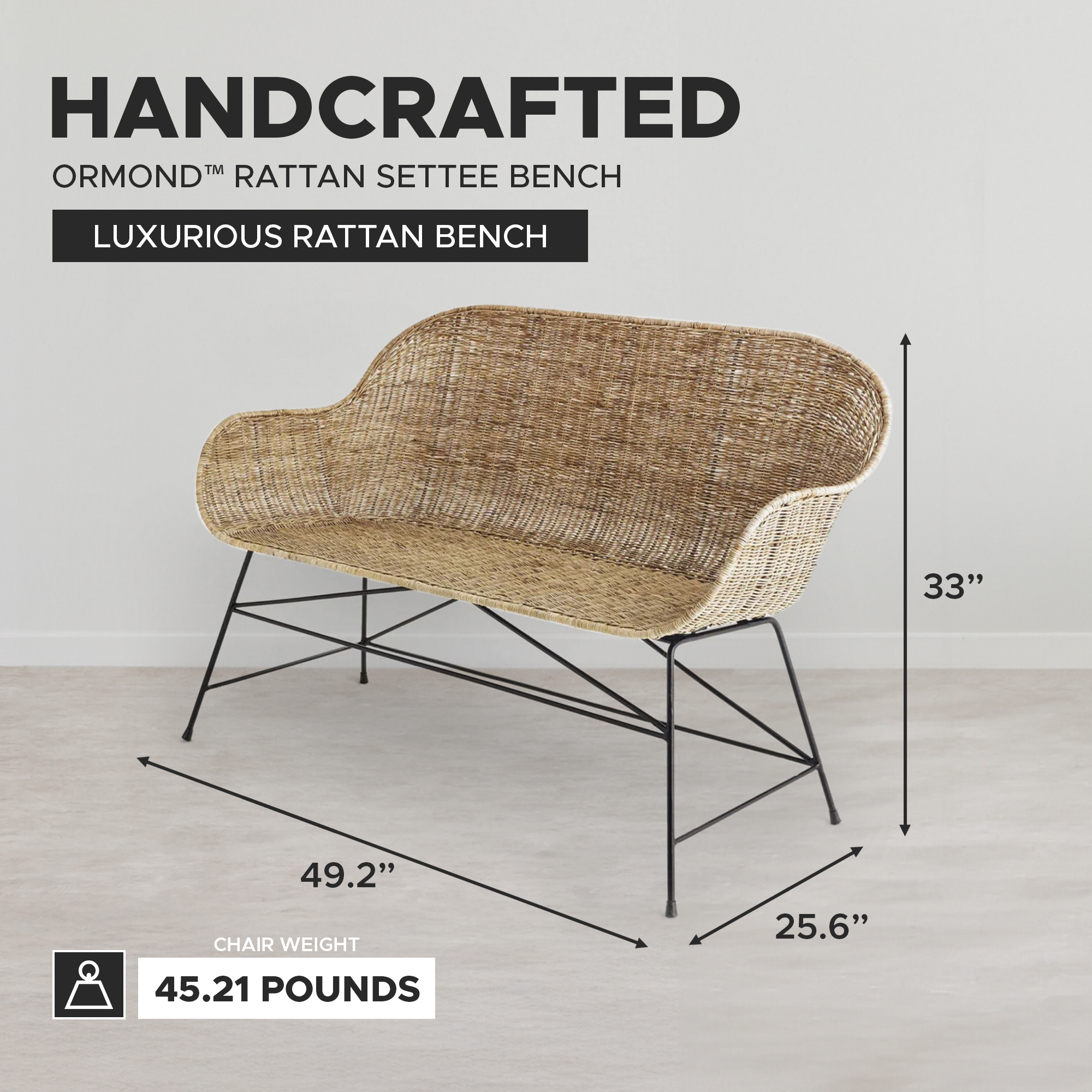 texxture Ormond Woven Rattan Settee with Metal Legs, Home Furniture, Natural - VMInnovations