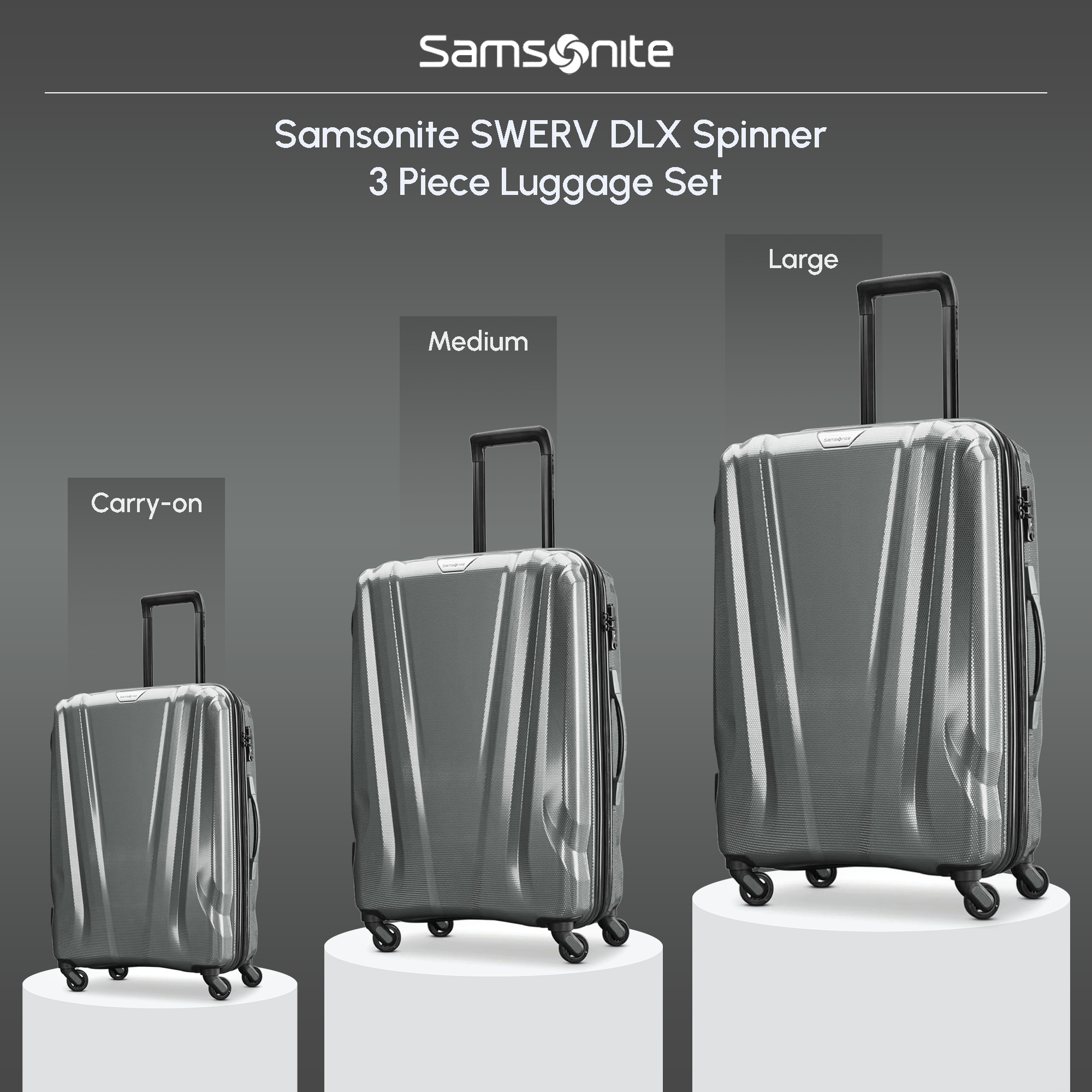 Samsonite SWERV Spinner 3pc Carry-On, Medium & Large Luggage Set, Silver (Used)