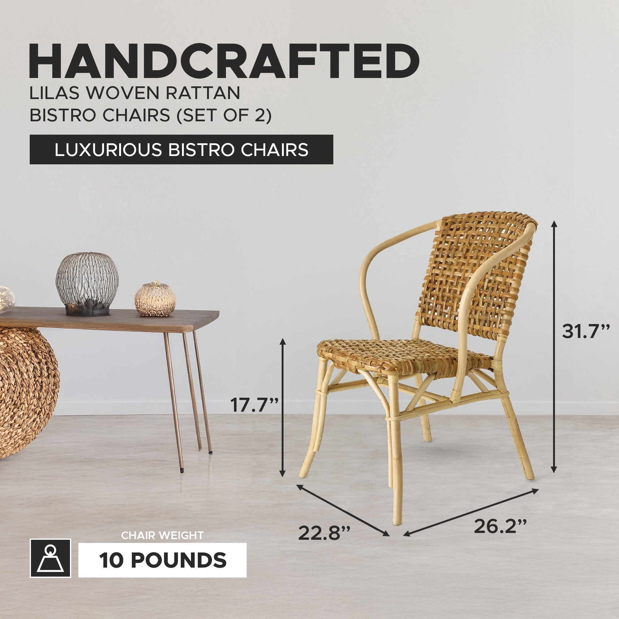 texxture 2 Pack Lilas Woven Rattan Bistro Chairs for Home Furniture, Natural - VMInnovations