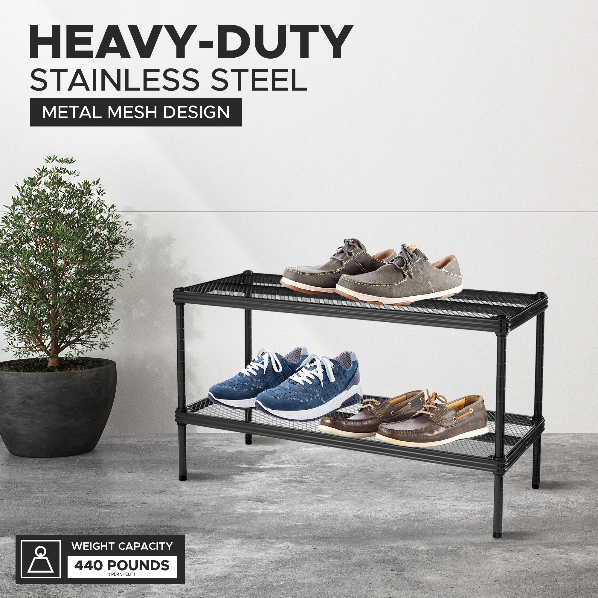 Design Ideas MeshWorks 2 Tier Full Size Metal Storage Shelving Unit Rack, Black - VMInnovations