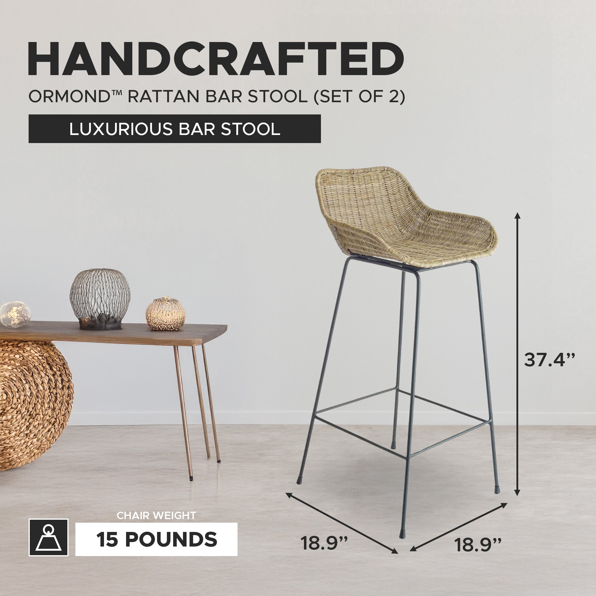 texxture 2 Pack Ormond Woven Rattan Bar Stool Metal Legs Home Furniture, Natural
