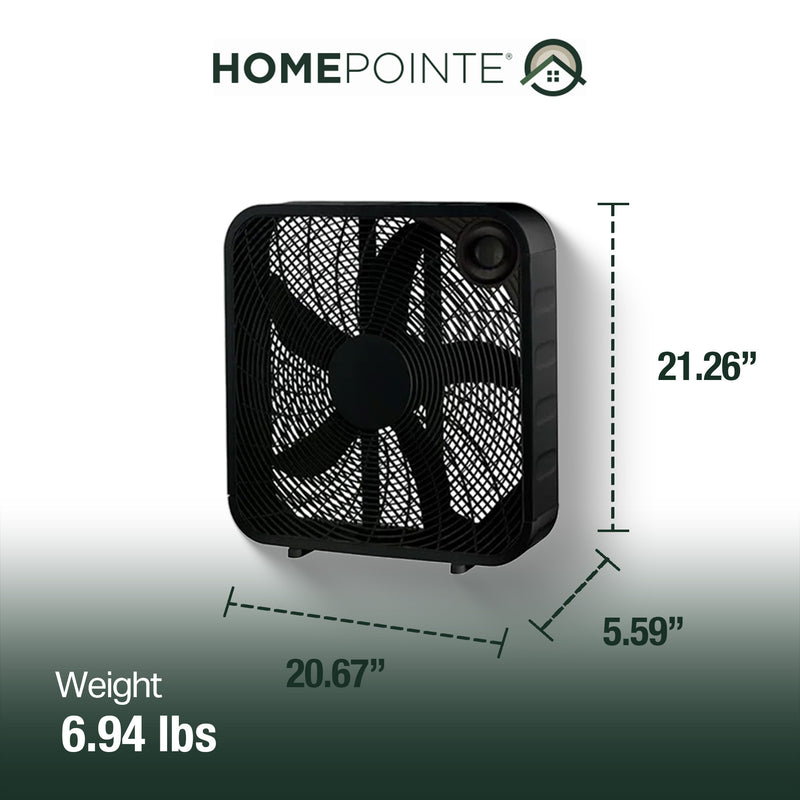 HomePointe 20" Indoor Sleek Plastic Box Fan with 3 Speed Settings, Blk(Open Box)