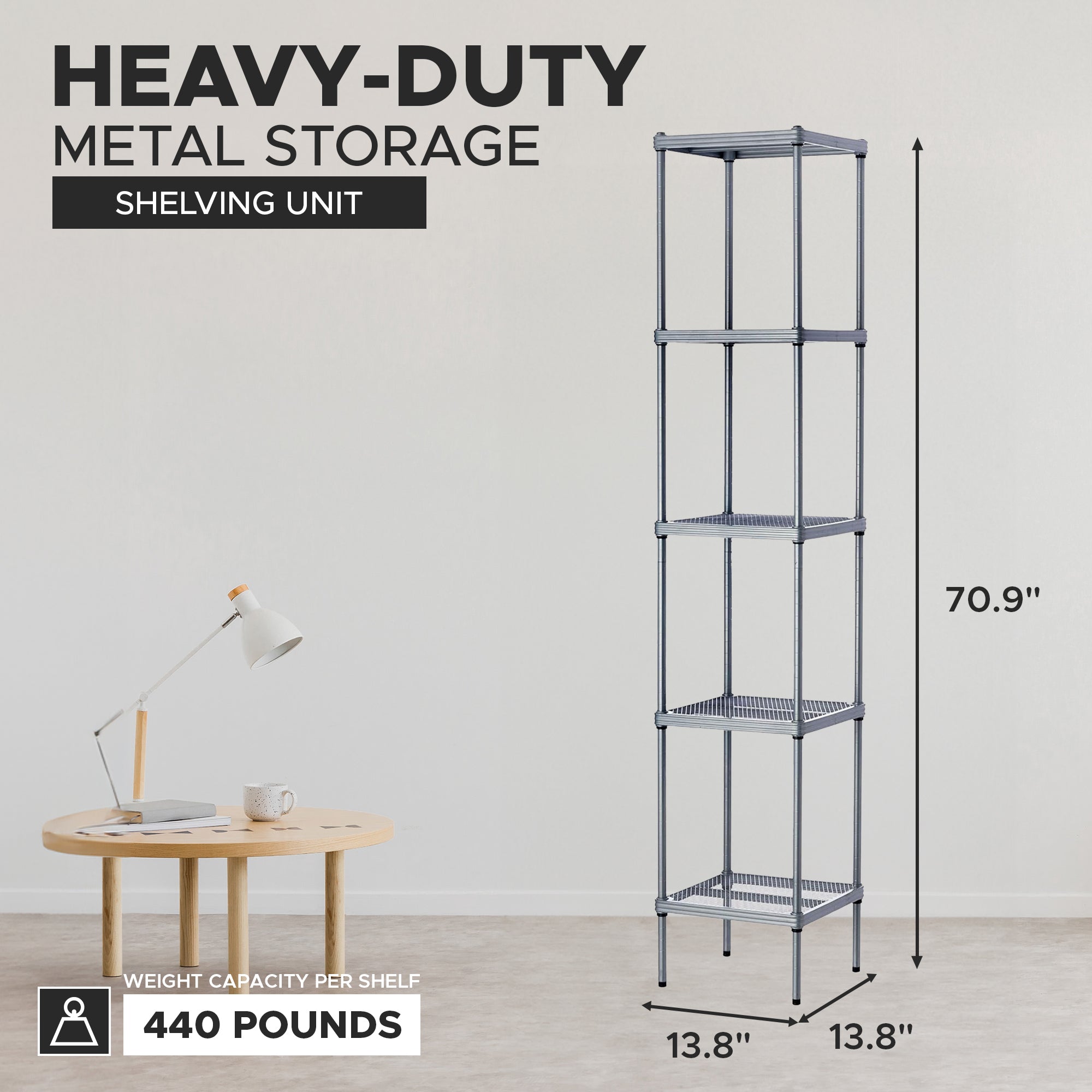 Design Ideas MeshWorks 5 Tier Tower Metal Storage Shelving Unit Rack, Silver - VMInnovations