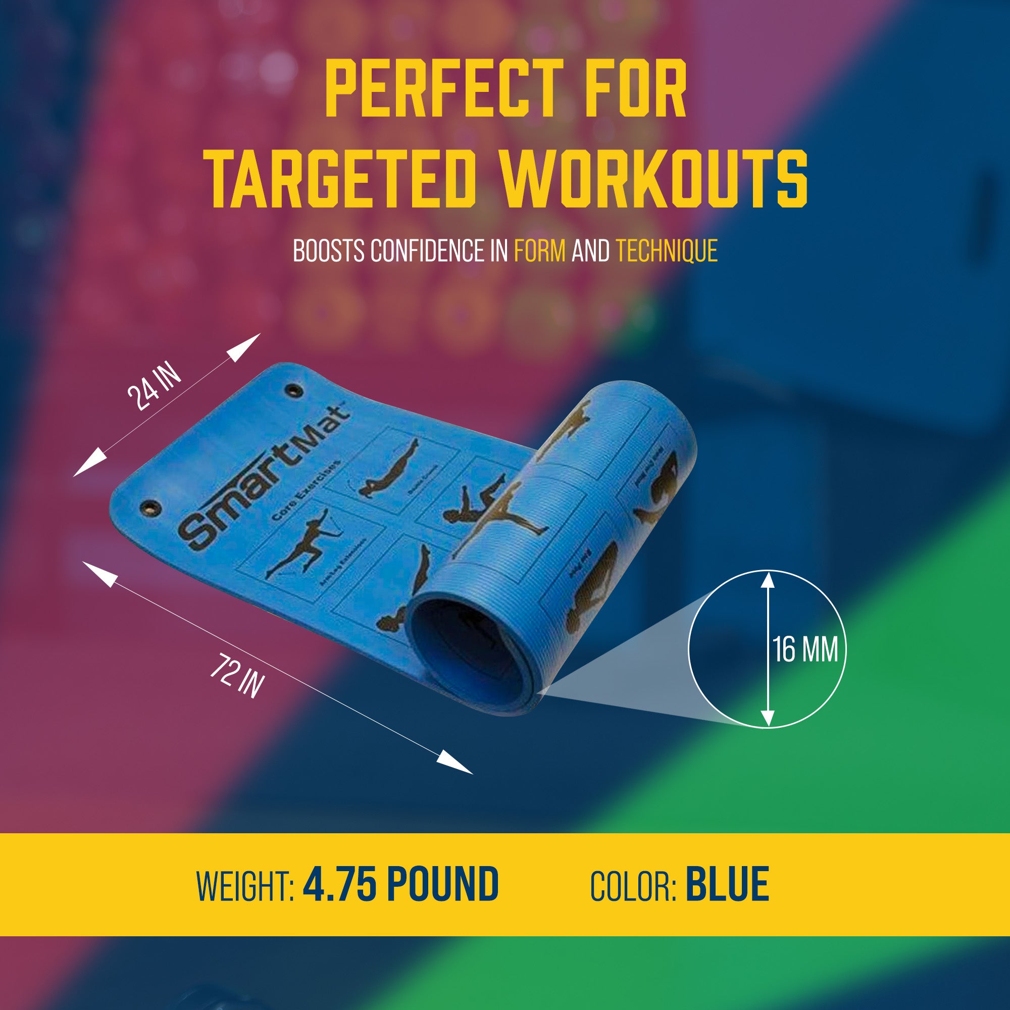 Prism Fitness 16mm Thick Smart Stretching and Exercise Mat, Blue (Open Box) - VMInnovations