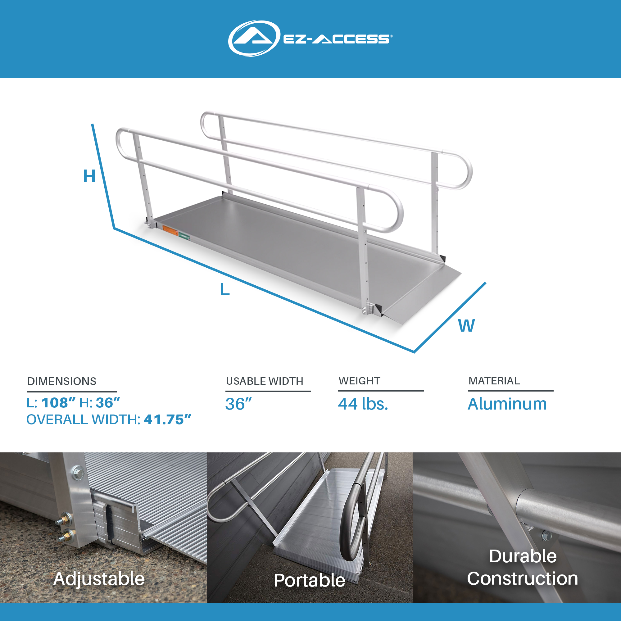 EZ-ACCESS GATEWAY 3G 9 Foot Solid Surface Aluminum Portable Wheelchair Ramp - VMInnovations