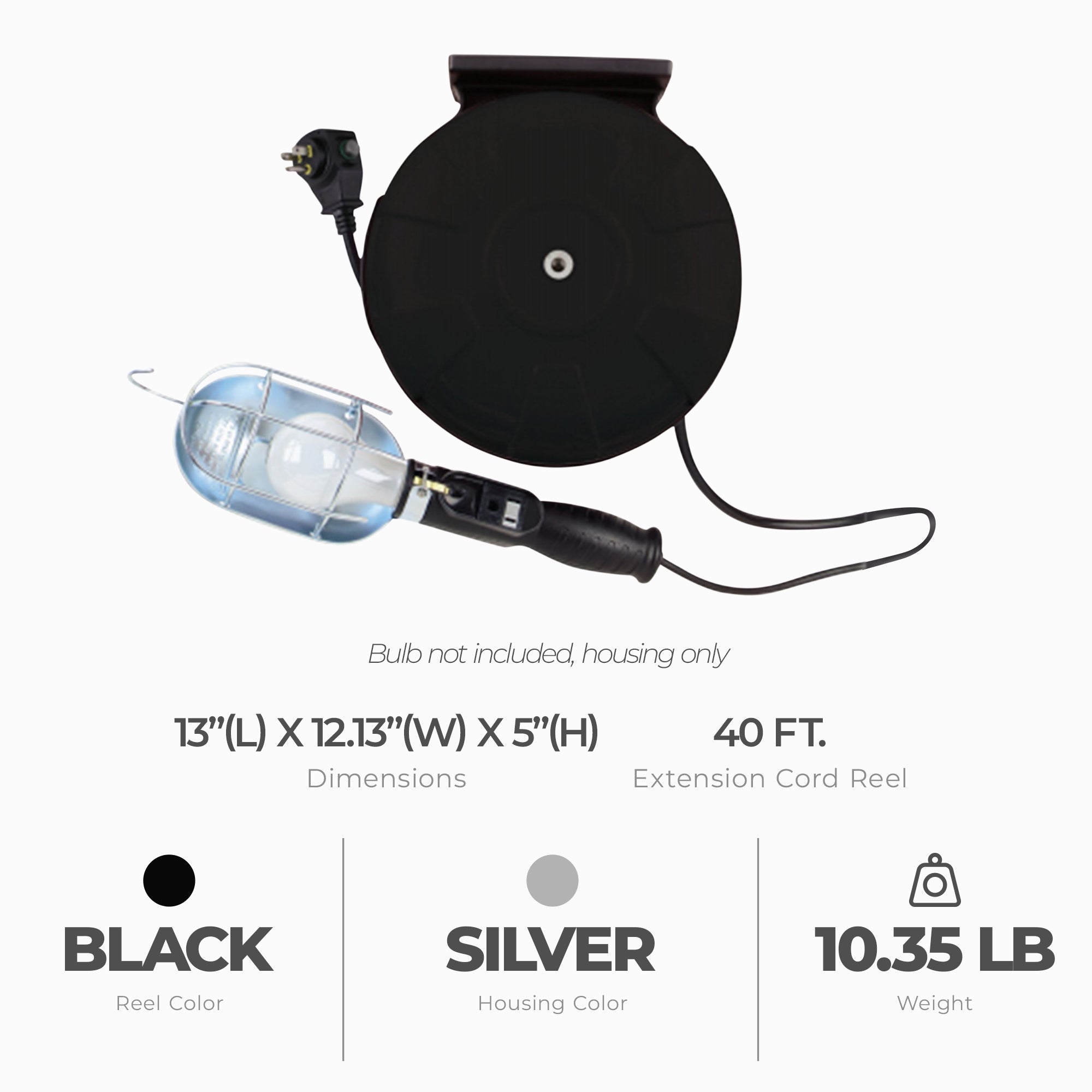 Master Electrician 75W Trouble Light w/ 40 Ft Extension Cord Reel, Housing Only - VMInnovations