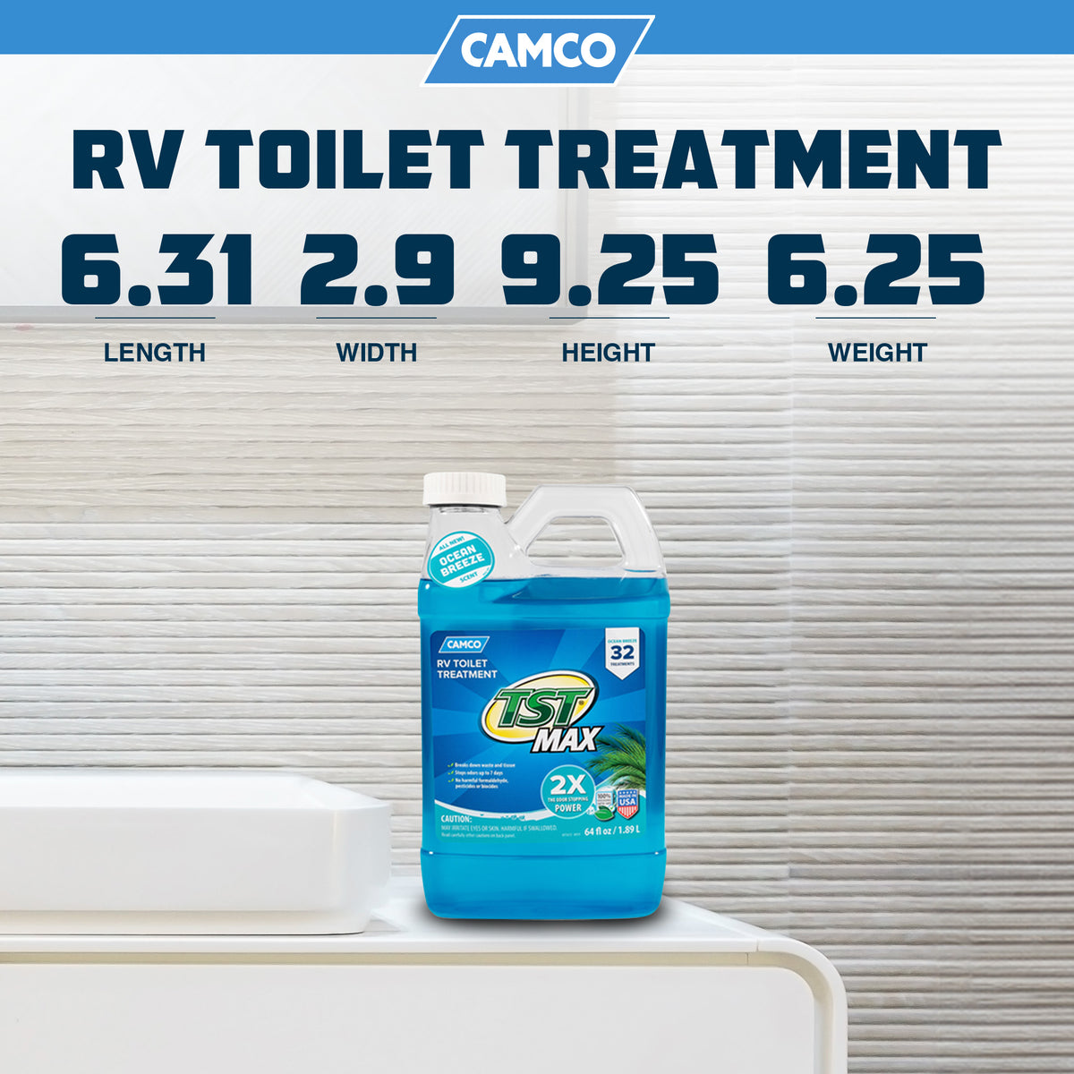 Camco TST MAX Ocean Scent 64 Oz RV Toilet Treatment to Eliminate Odors, Blue