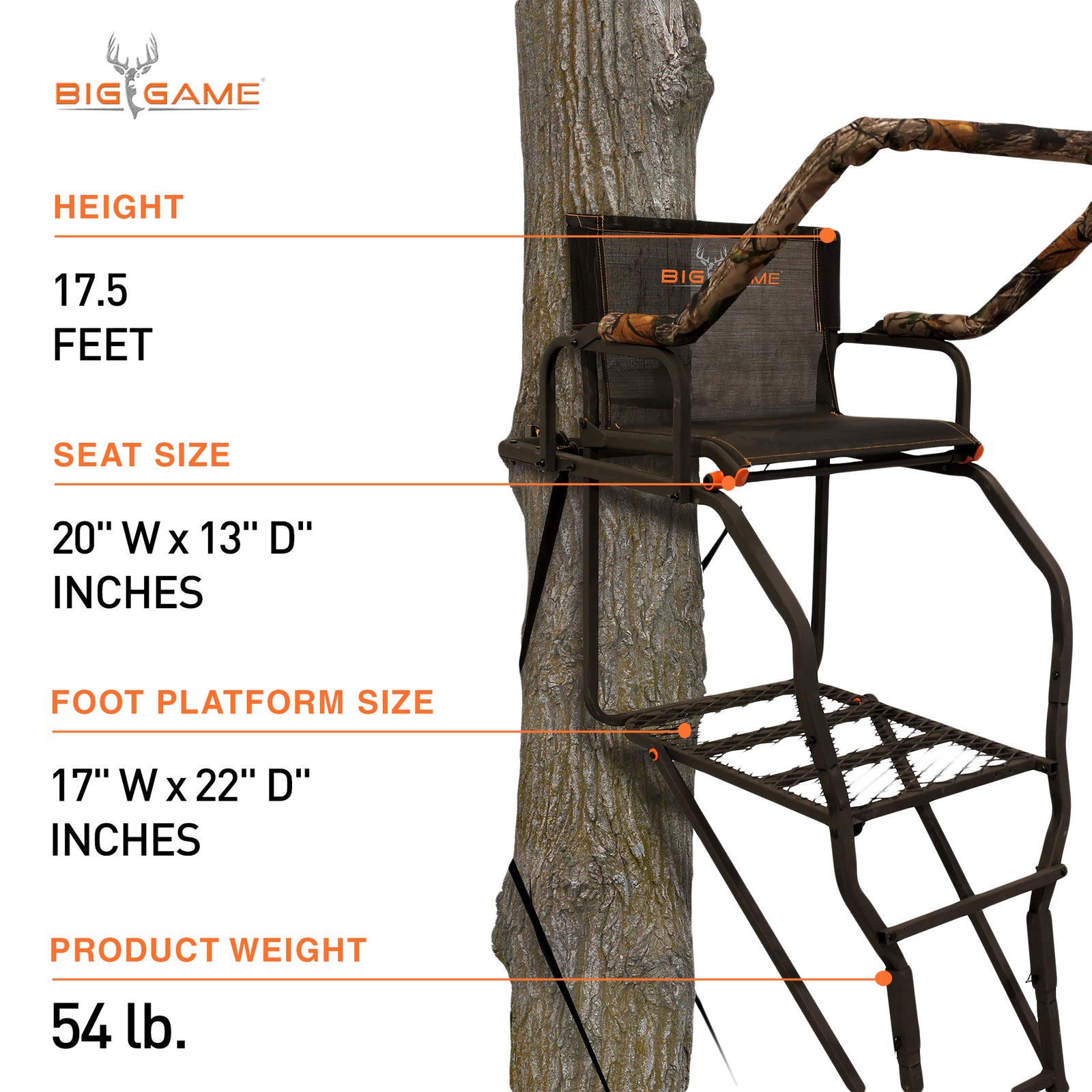 Big Game XL 17.5' Ladder Treestand with Flip-Back Seat and Rail, Black(Open Box) - VMInnovations