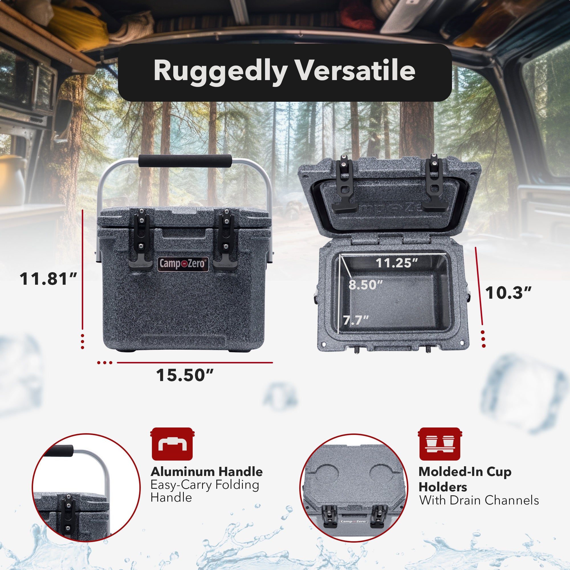 CAMP-ZERO 10 Lt 10.6 Qt Lidded Cooler w/2 Molded In Cup Holders, Black(Open Box) - VMInnovations