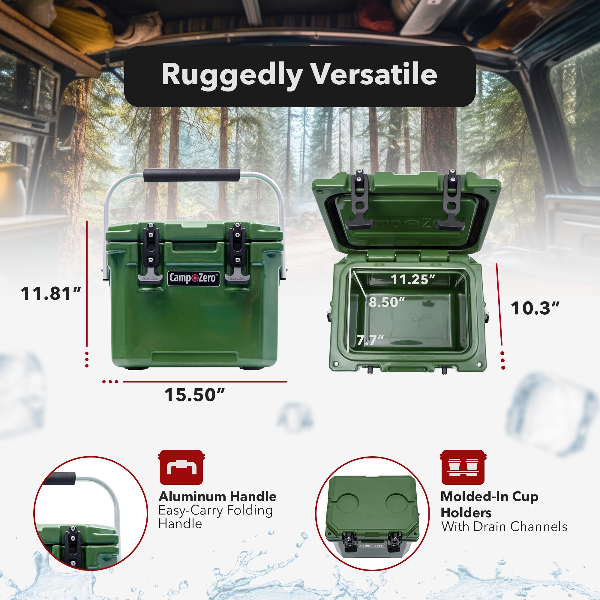CAMP-ZERO 10 Liter 10.6 Quart Lidded Cooler with 2 Molded In Cup Holders, Green - VMInnovations